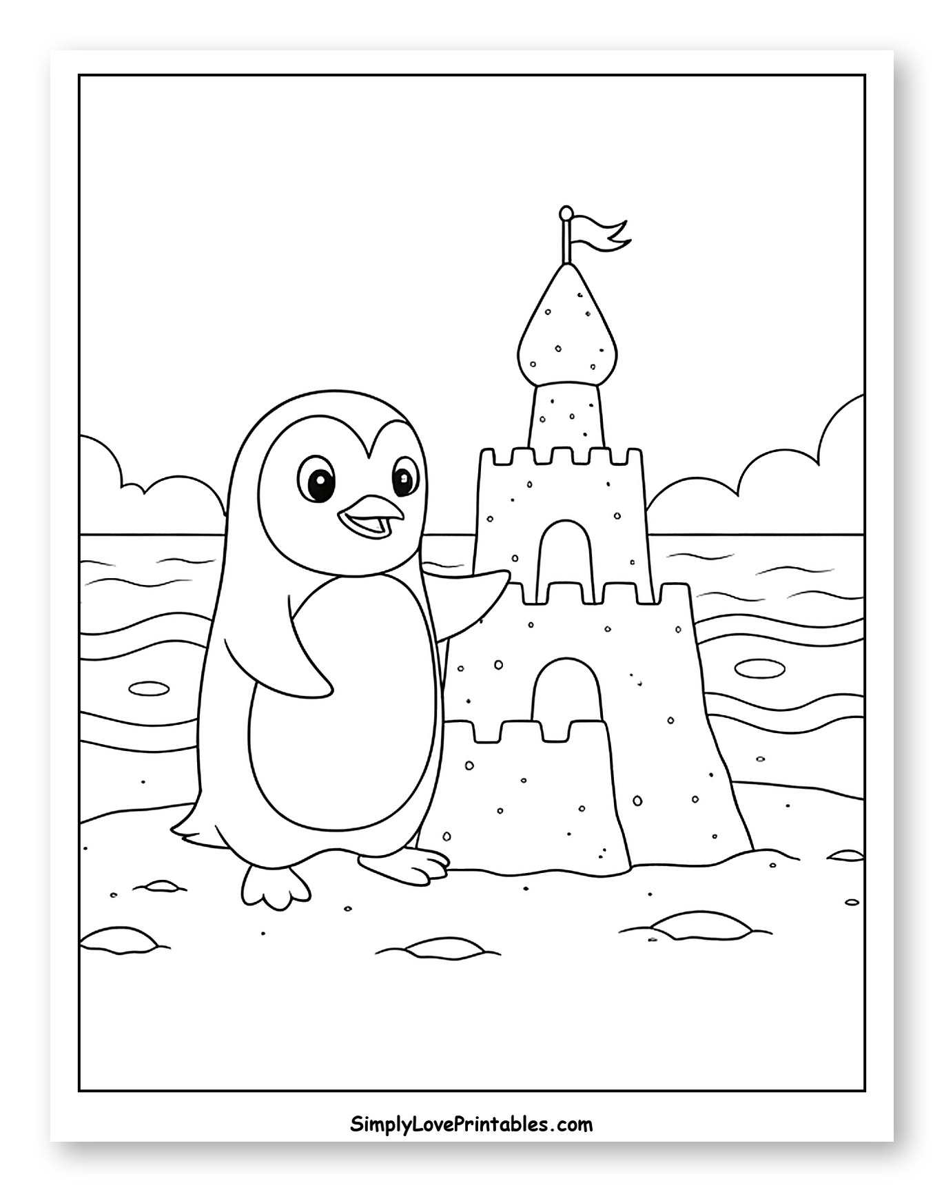 Penguin Pointing at a Sandcastle on the Beach Coloring Page for Kids