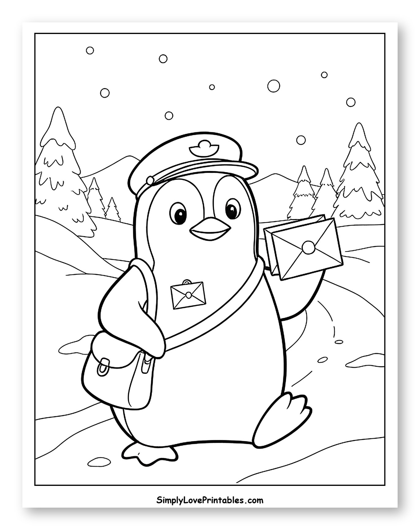 Penguin Postman Delivering Mail in Snow to Color for Kids