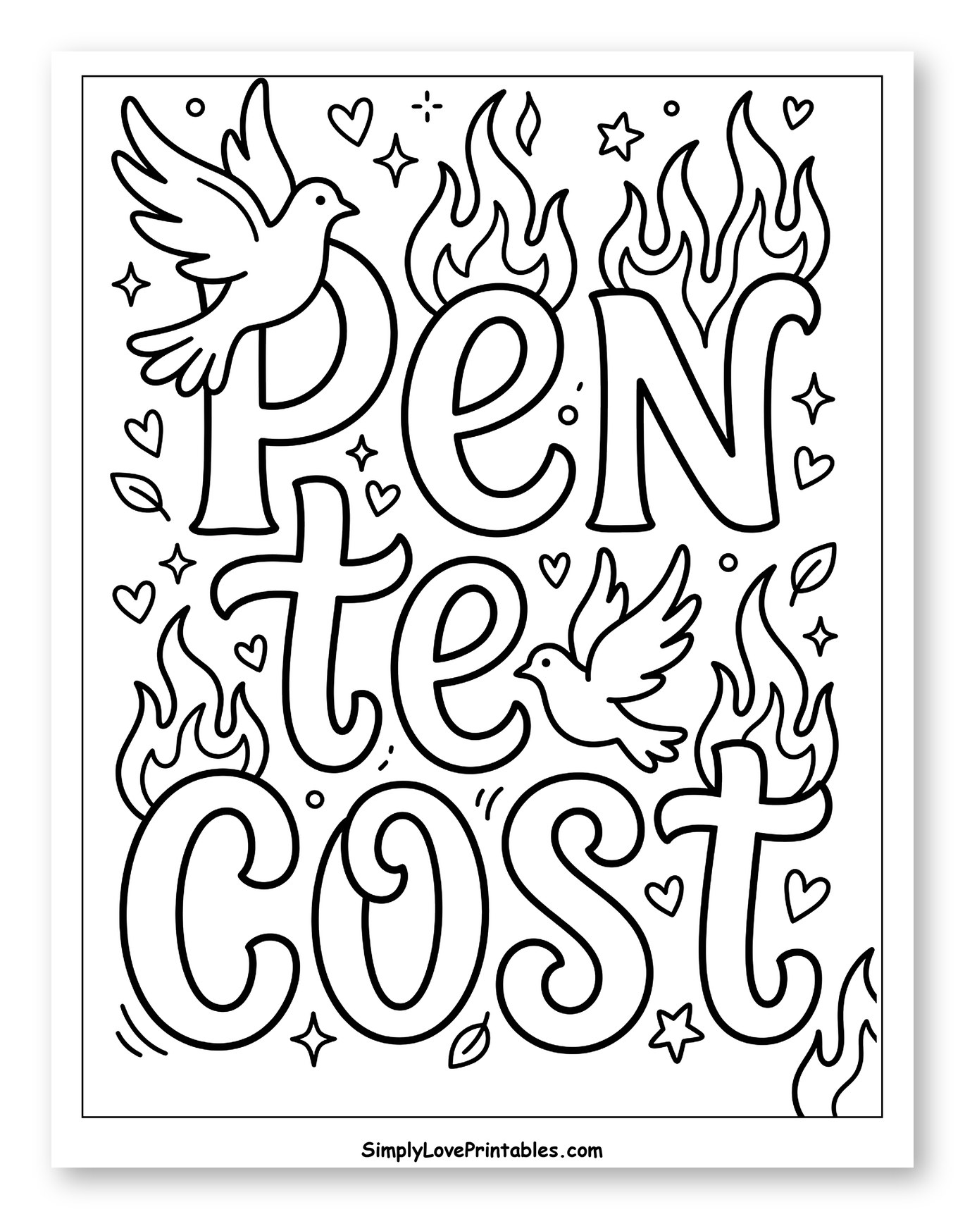 Pentecost Word Art with Doves and Flames Coloring Sheet for Adults