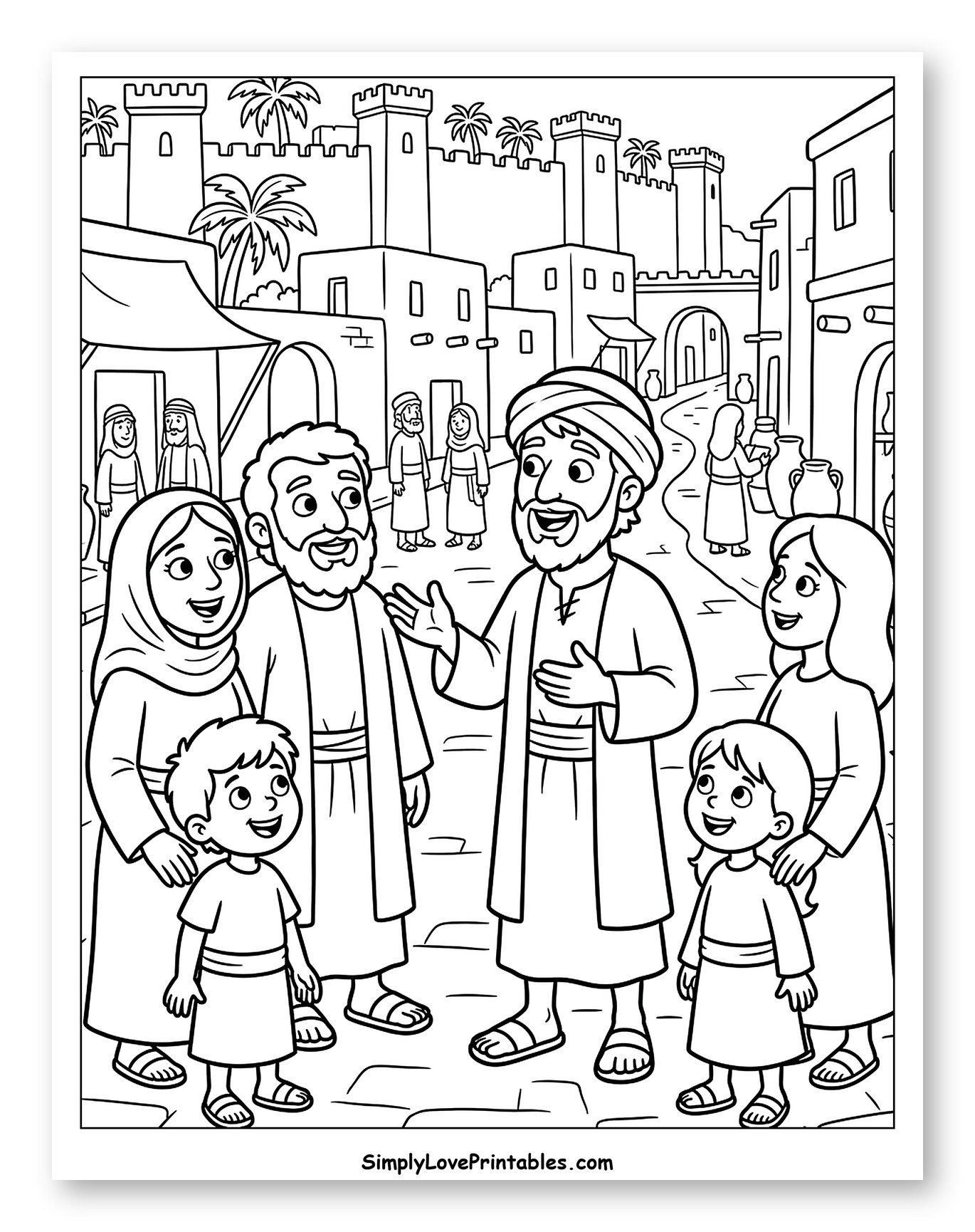 People Chatting in an Ancient Town Street to Color for Kids