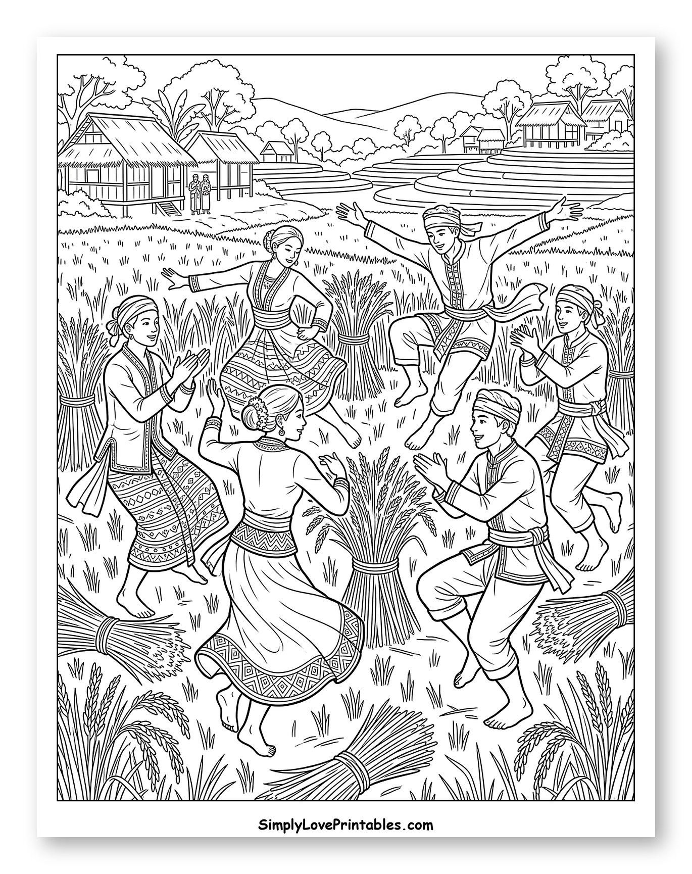 People Dancing in a Rice Field Coloring Sheet