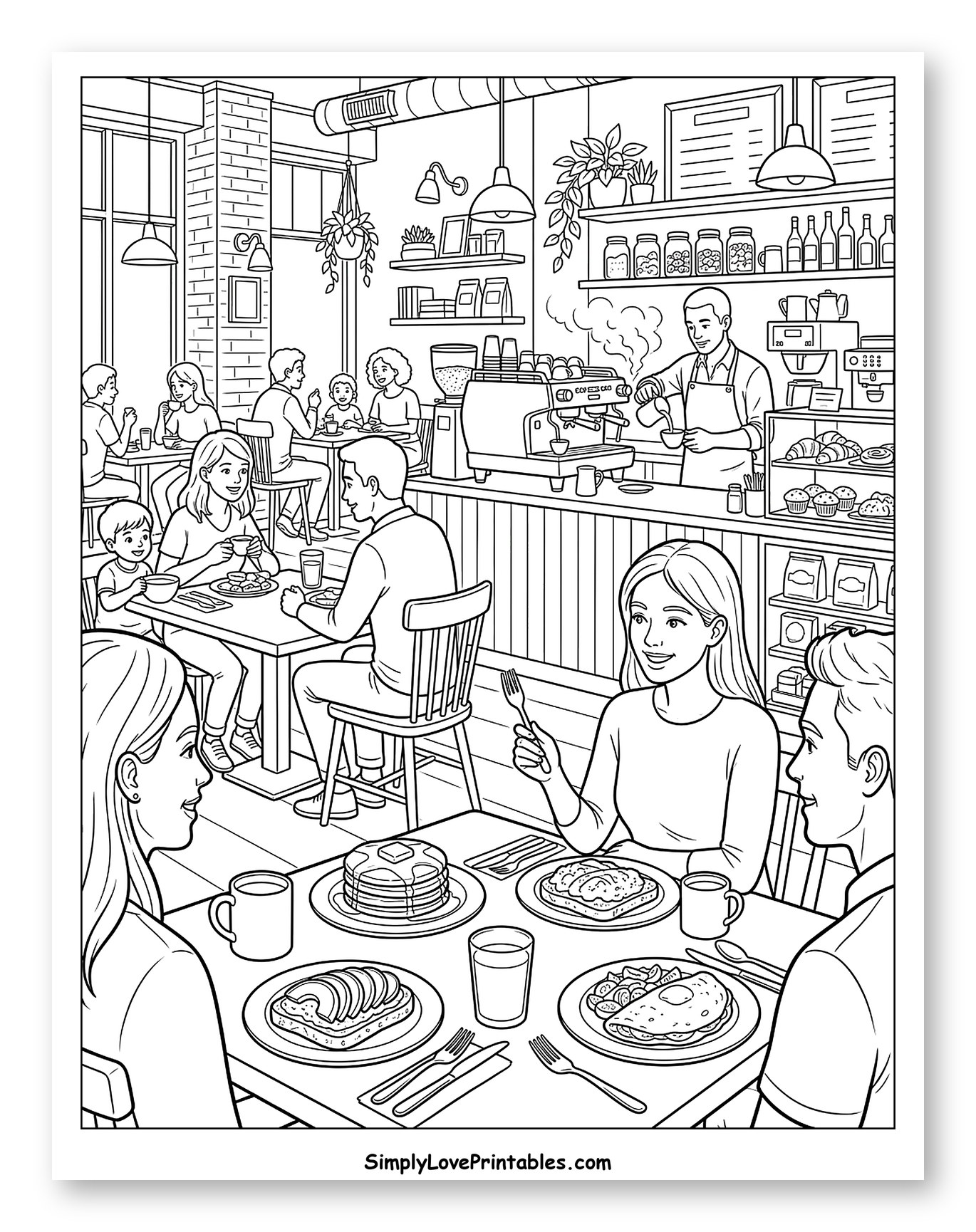 People Enjoying Breakfast at a Busy Cafe Coloring Page