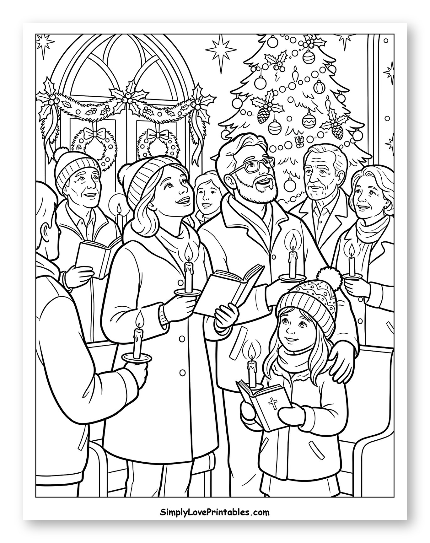 People Singing Christmas Carols in Church to Color