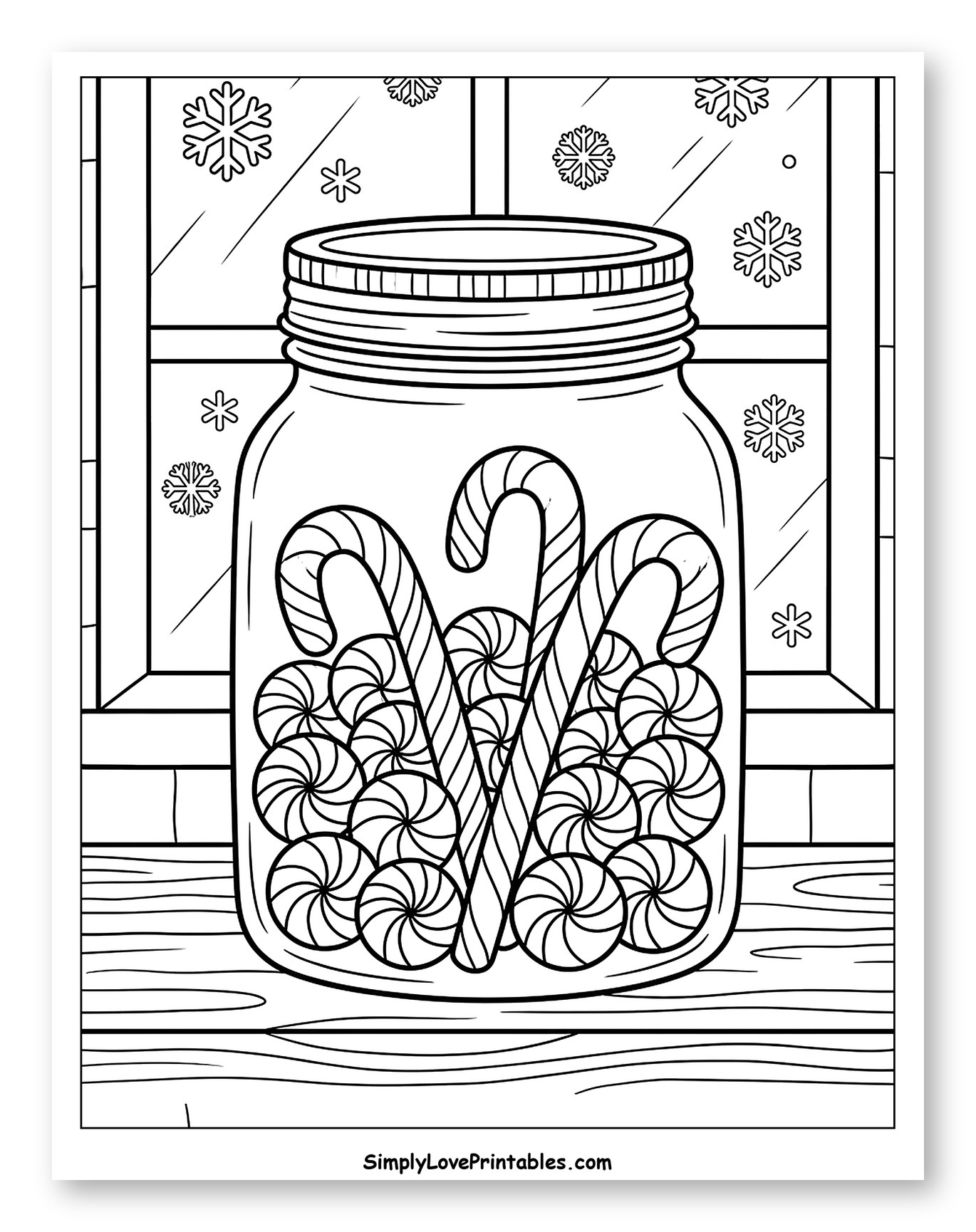 Peppermint Candy Jar by a Snowy Window Coloring Page for Kids