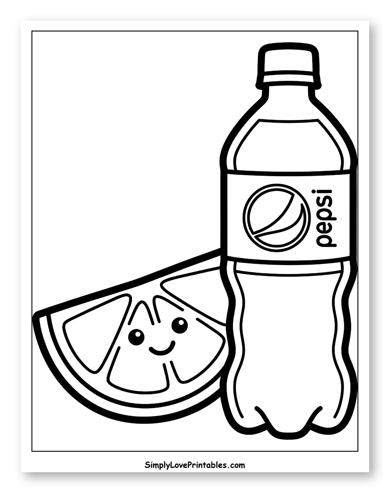 Pepsi Bottle and Smiling Orange Slice Coloring Sheet for Toddlers