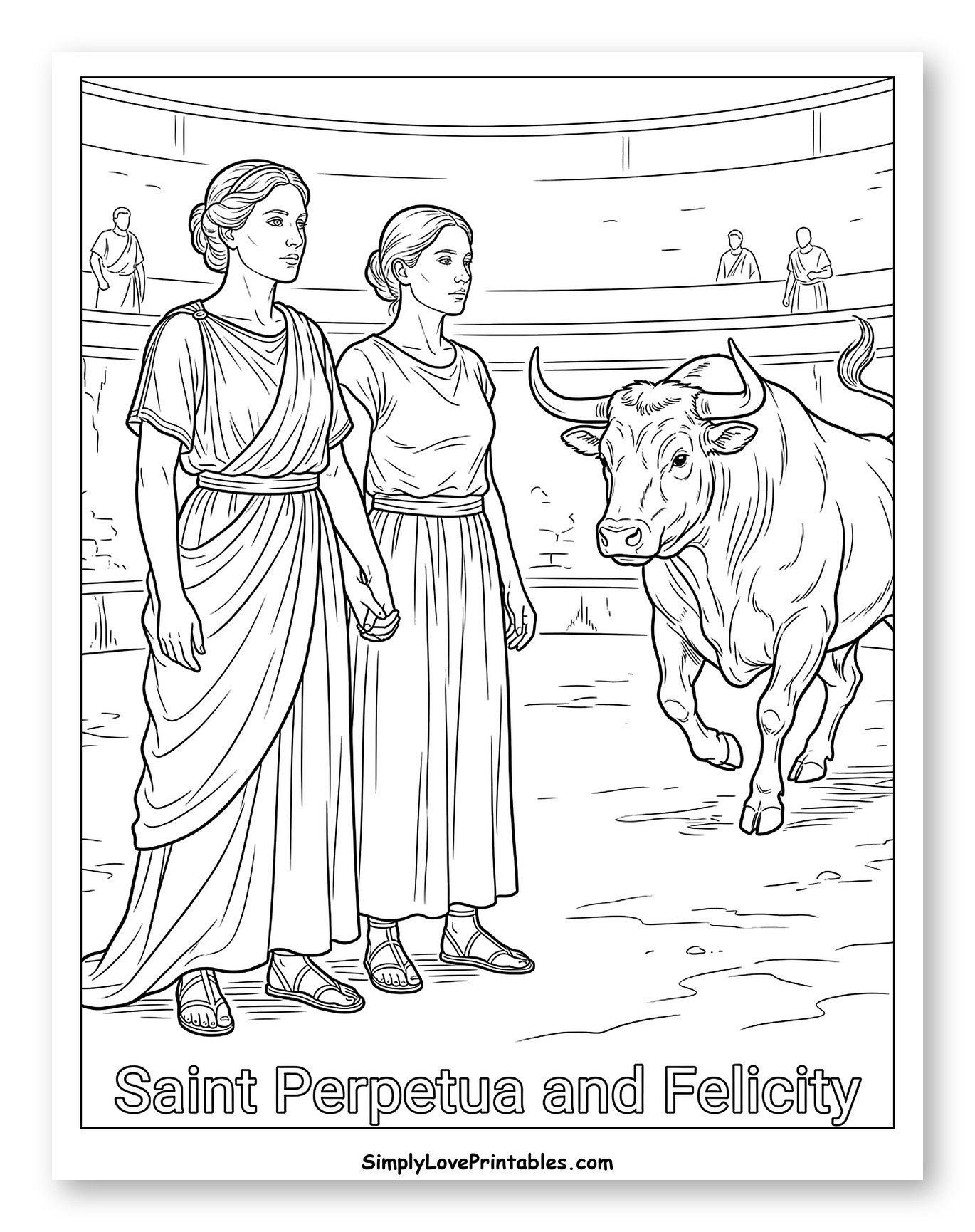 Perpetua and Felicity Facing the Bull Coloring Page