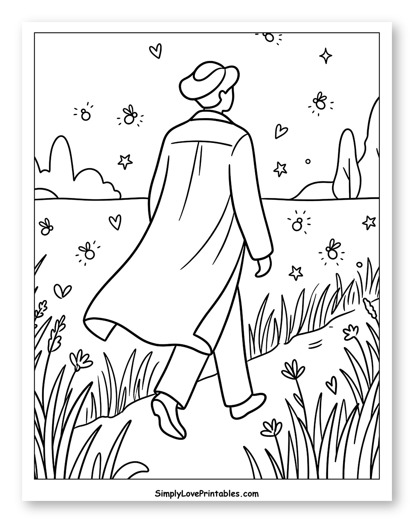 Person in Coat Walking Through Field at Night to Color for Adults