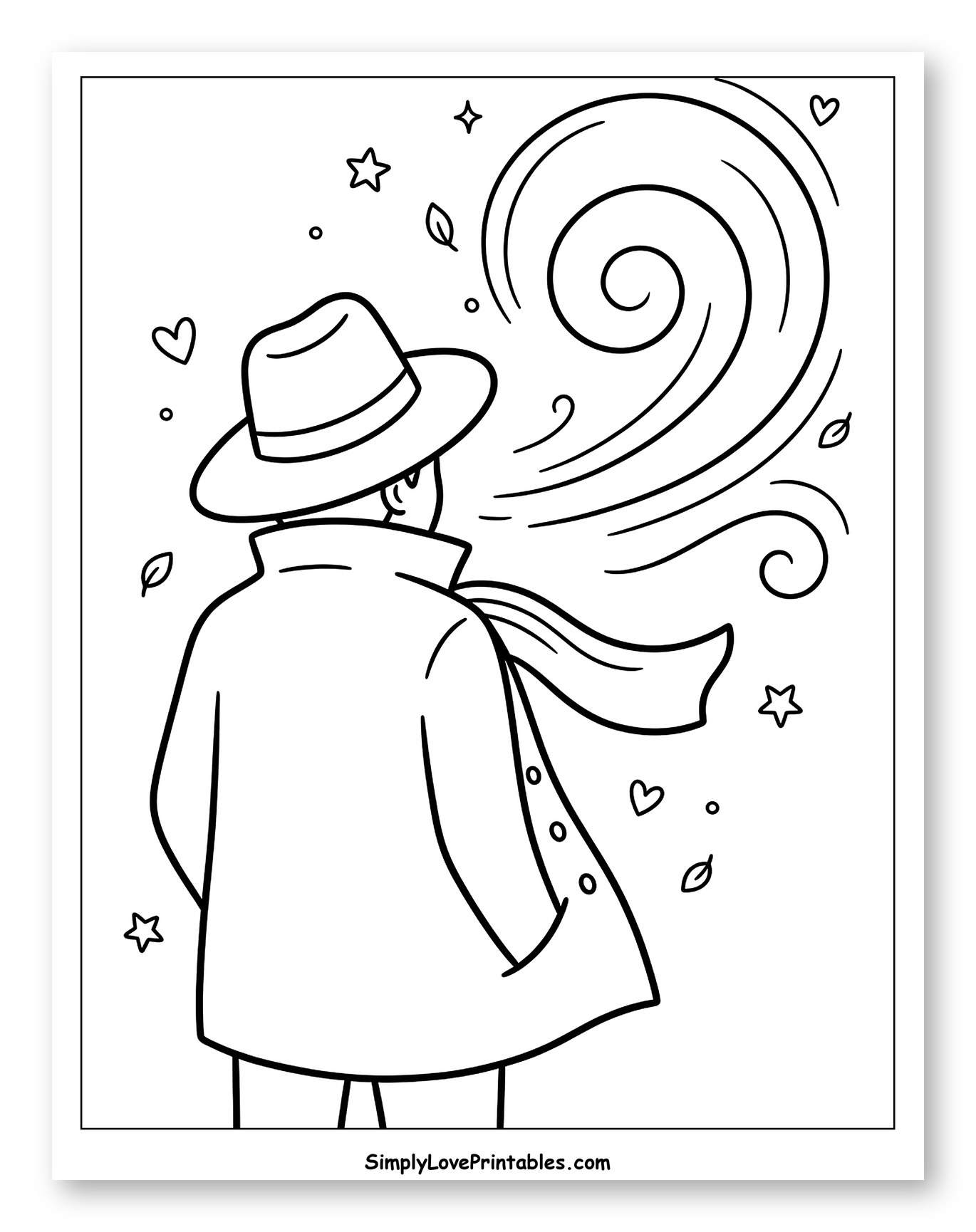 Person in Hat and Coat with Swirling Wind Coloring Page for Adults