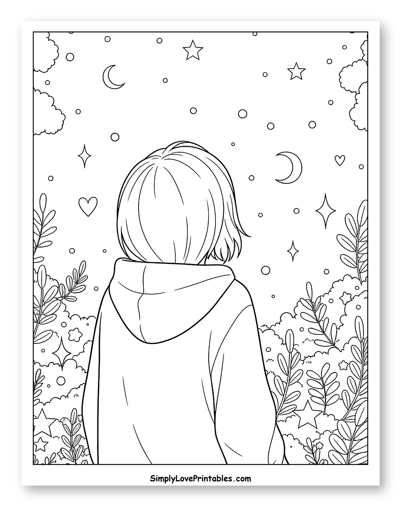 Person in Hoodie Stargazing in a Magical Night Sky Coloring Sheet for Adults