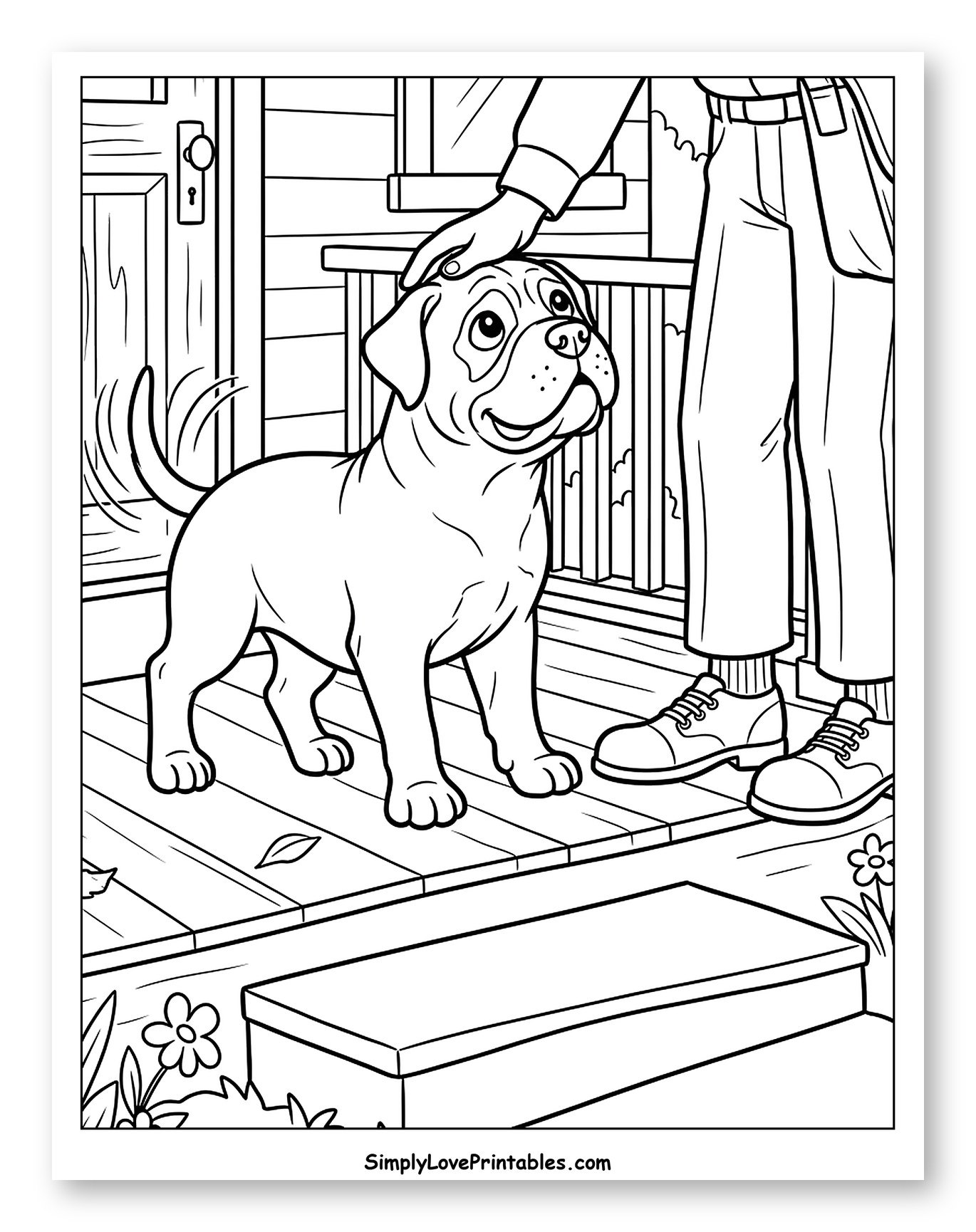 Person Petting a Happy Bullmastiff Dog Coloring Page for Kids