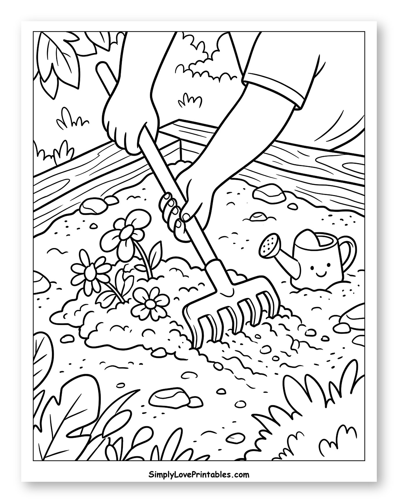 Person Raking Soil with Flowers