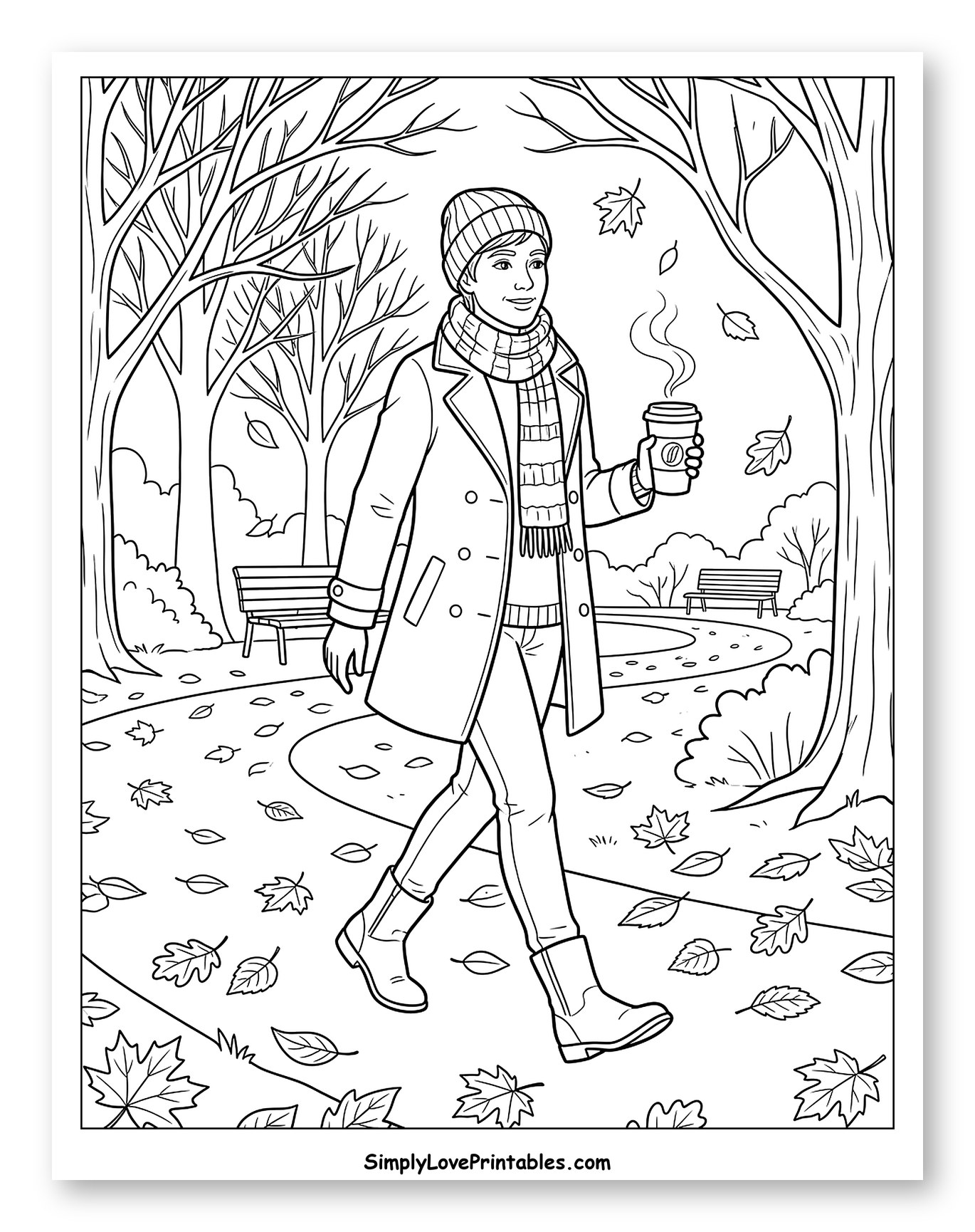 Person Walking with Coffee in Autumn Park Coloring Page
