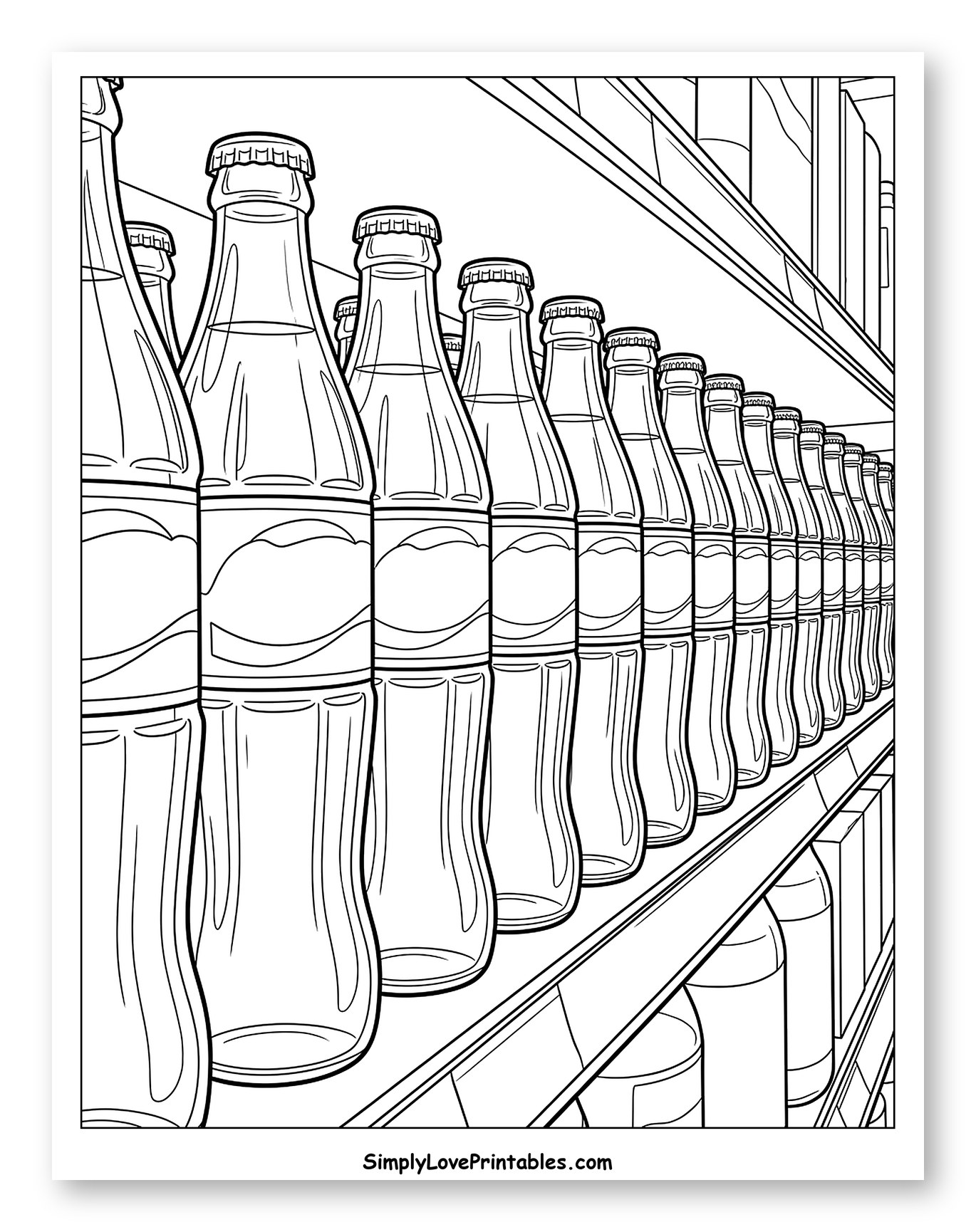 Perspective View of Soda Bottles on a Shelf Coloring Page