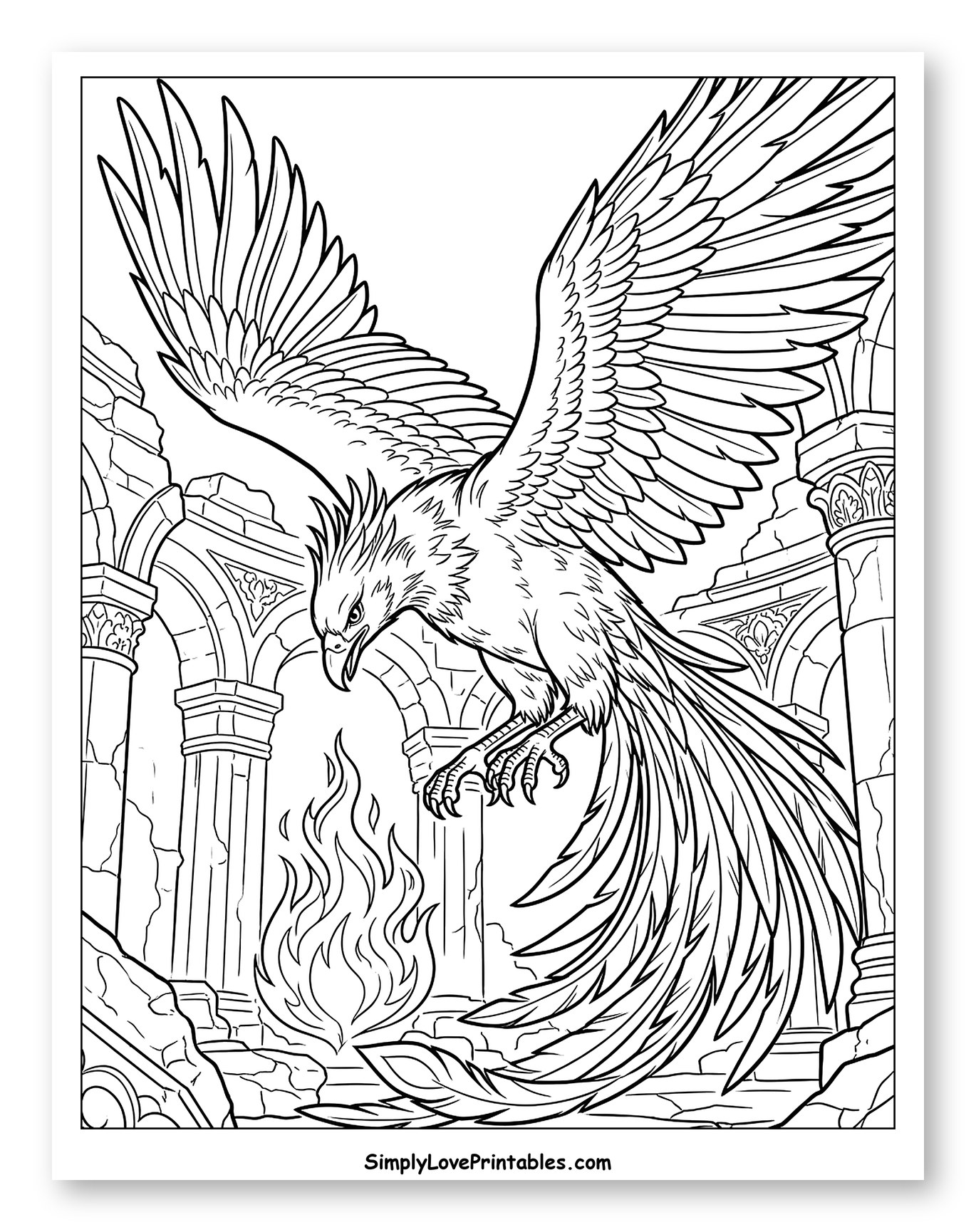 Phoenix Descending Towards Fire in Ancient Ruins