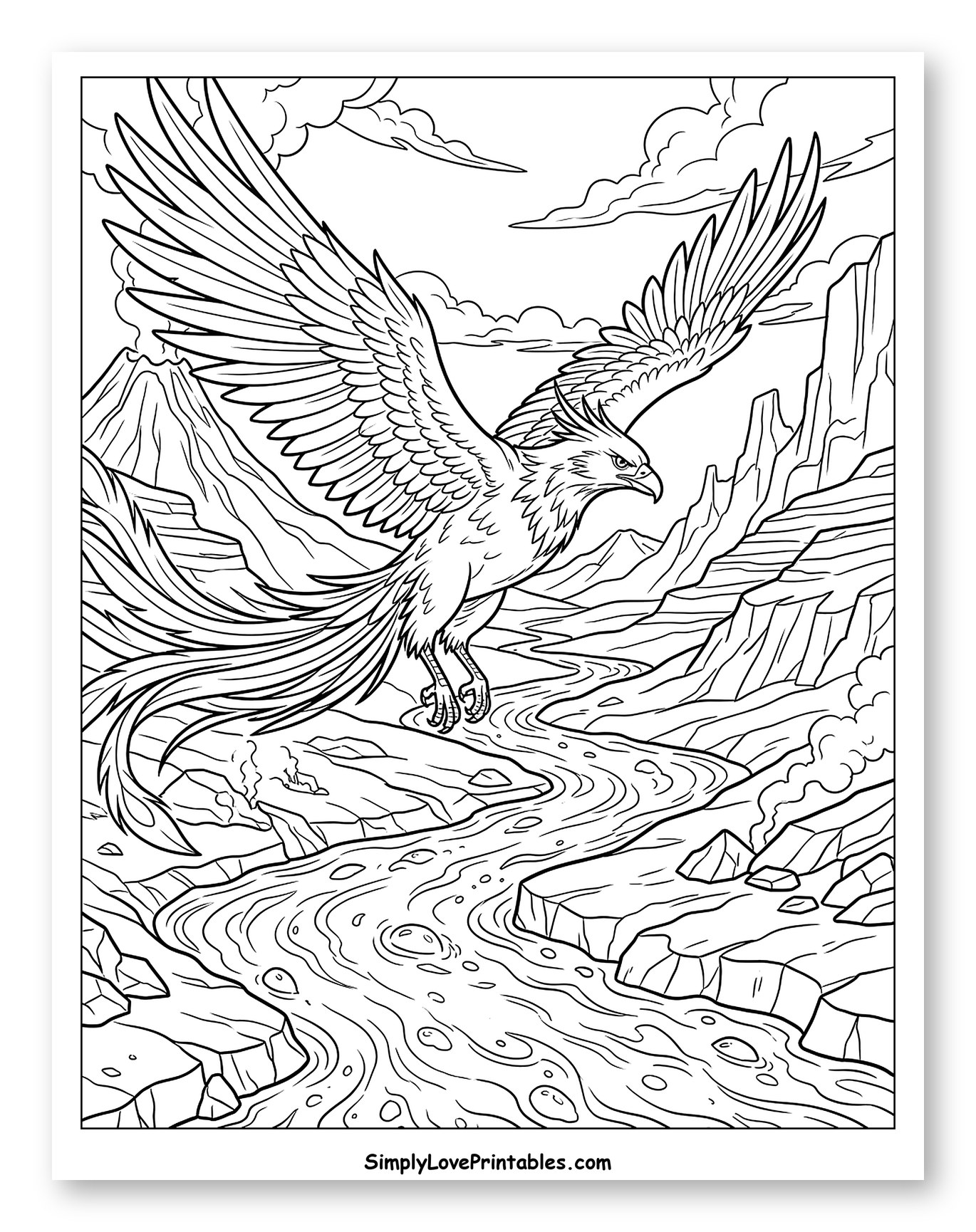 Phoenix Flying Over River and Mountains Coloring Sheet