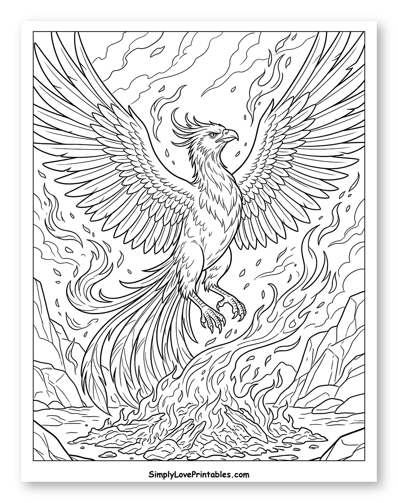 Phoenix Rising from Flames Coloring Sheet