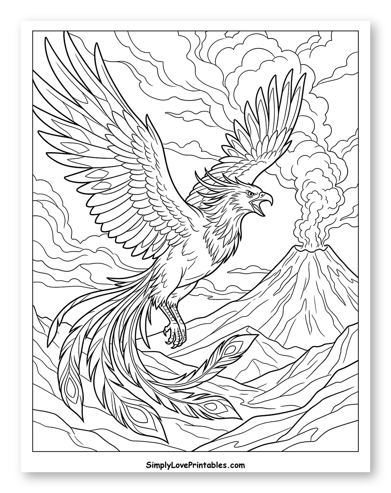 Phoenix Soaring Above Erupting Volcano to Color