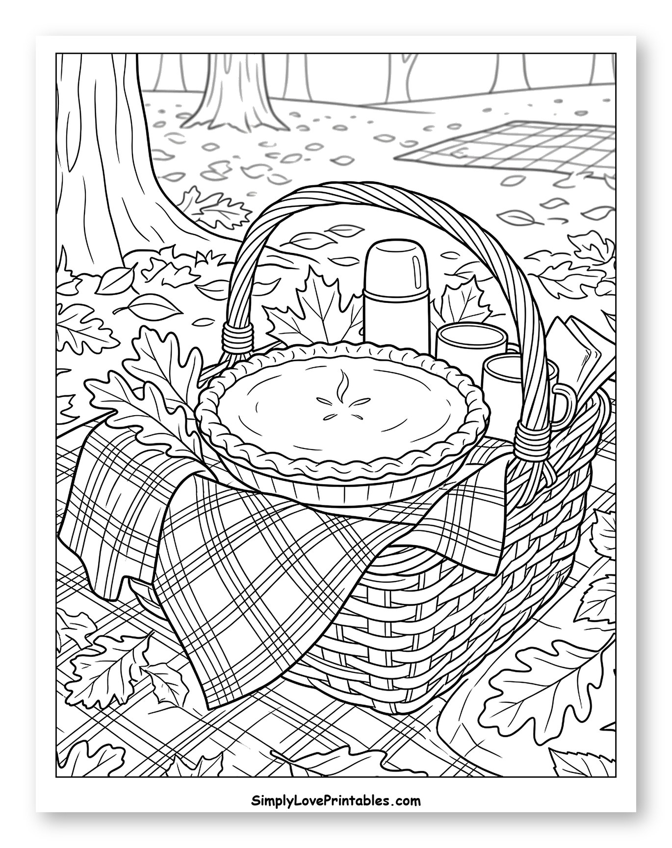 Picnic Basket with Pumpkin Pie in Autumn Woods to Color