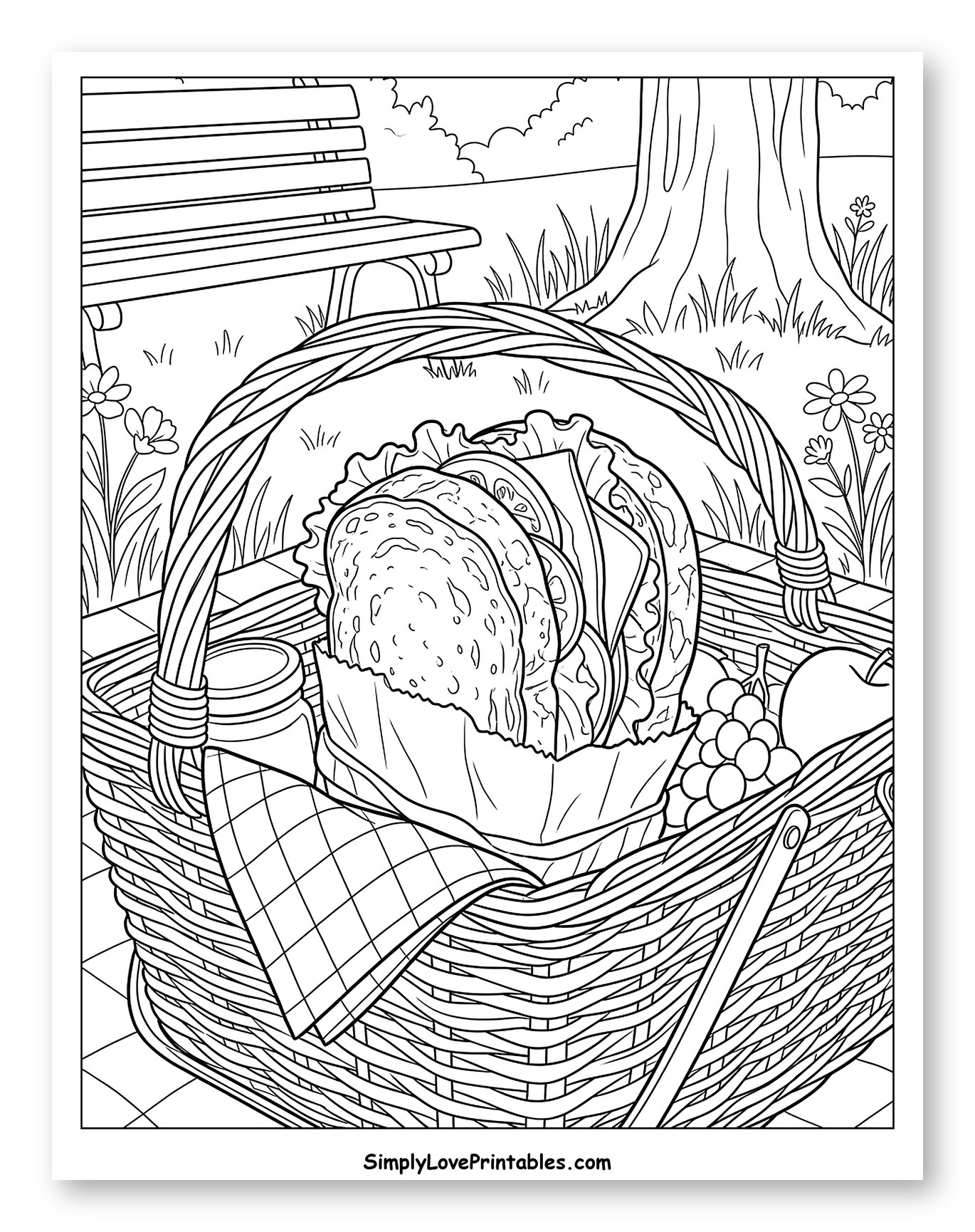 Picnic Basket with Sandwiches and Fruit Coloring Sheet