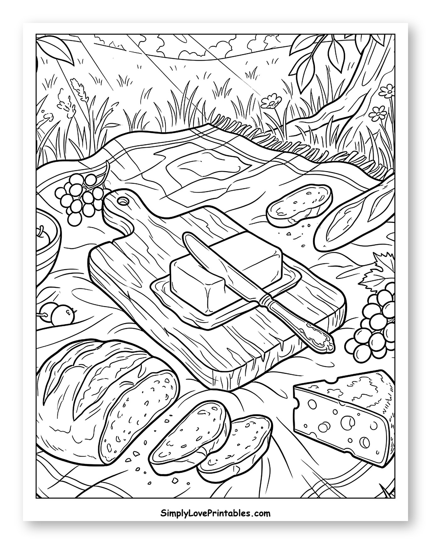 Picnic with Butter, Bread, Cheese, and Fruits to Color