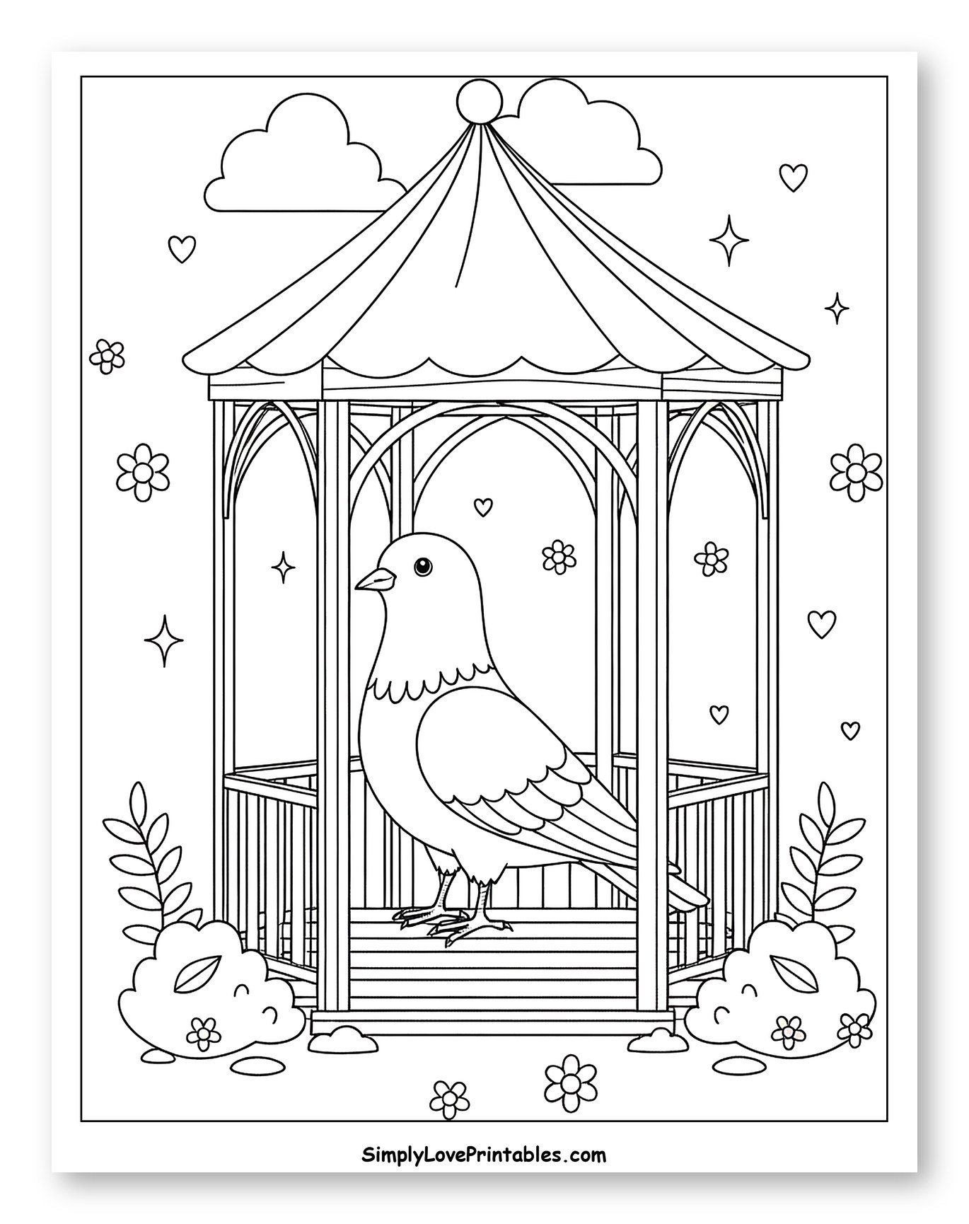 Pigeon in a Gazebo with Flowers and Clouds