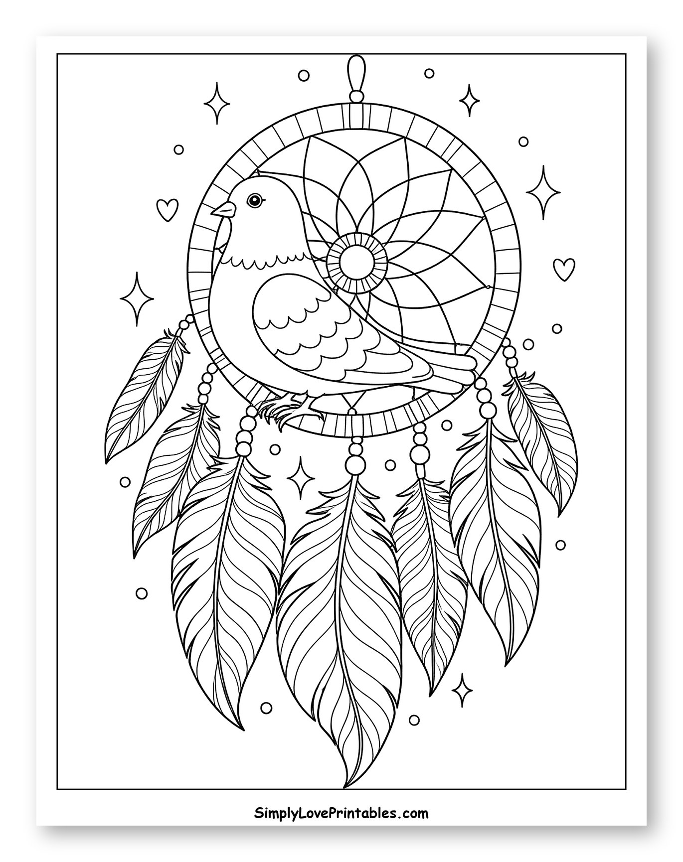 Pigeon on a Dreamcatcher with Feathers and Stars Coloring Sheet for Adults