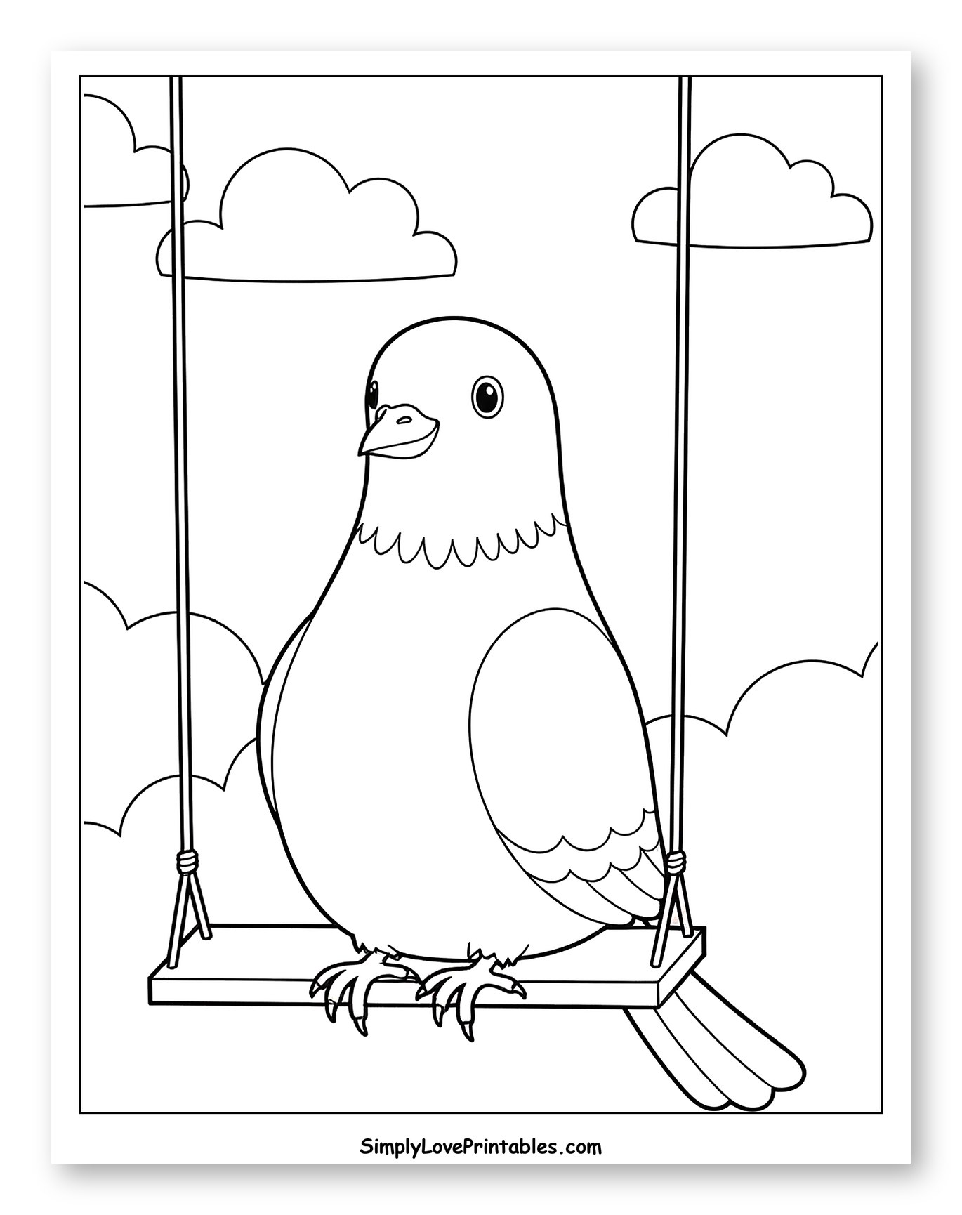 Pigeon on a Swing Against Clouds