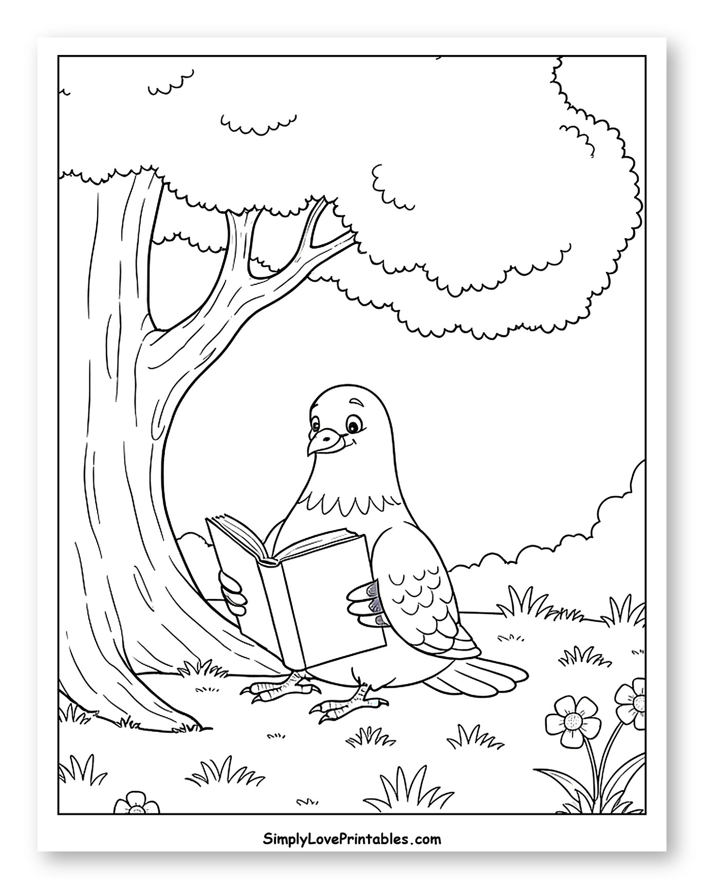 Pigeon Reading a Book Under a Tree to Color for Kids