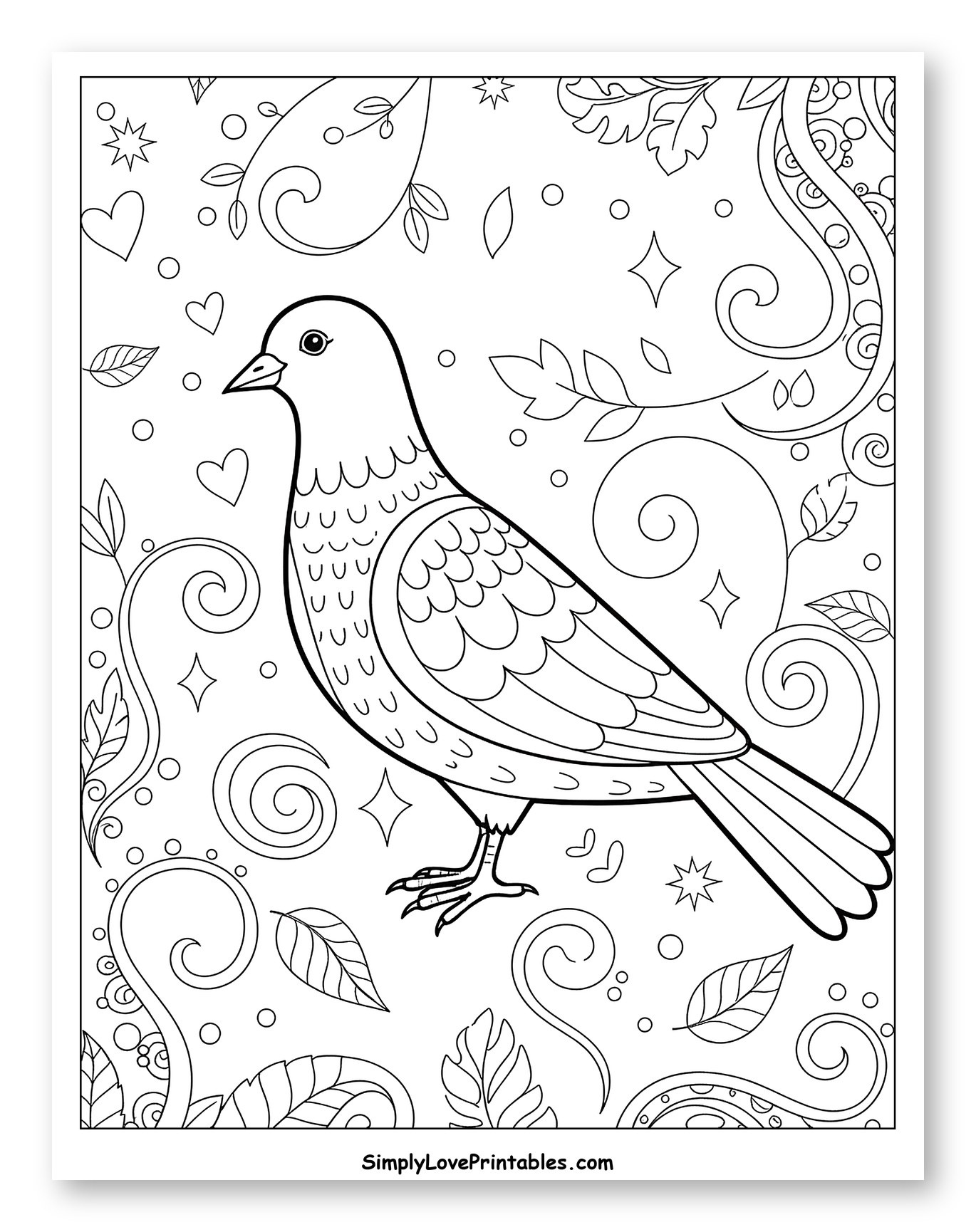Pigeon Surrounded by Decorative Swirls and Leaves
