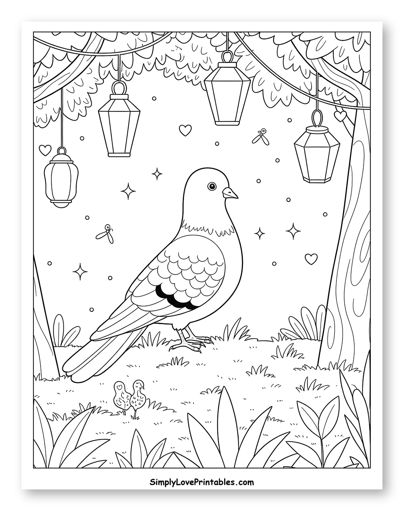 Pigeon with Chicks Under Hanging Lanterns Coloring Page for Adults