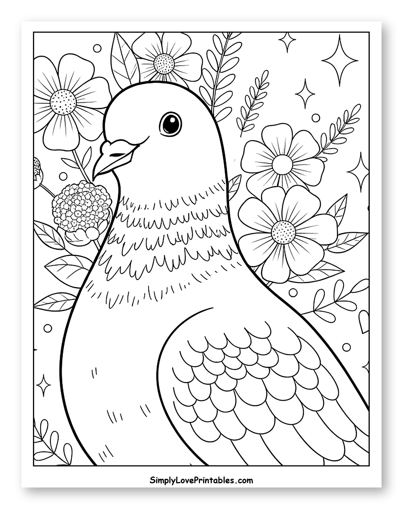 Pigeon with Gentle Gaze Amidst Flowers Coloring Page for Adults