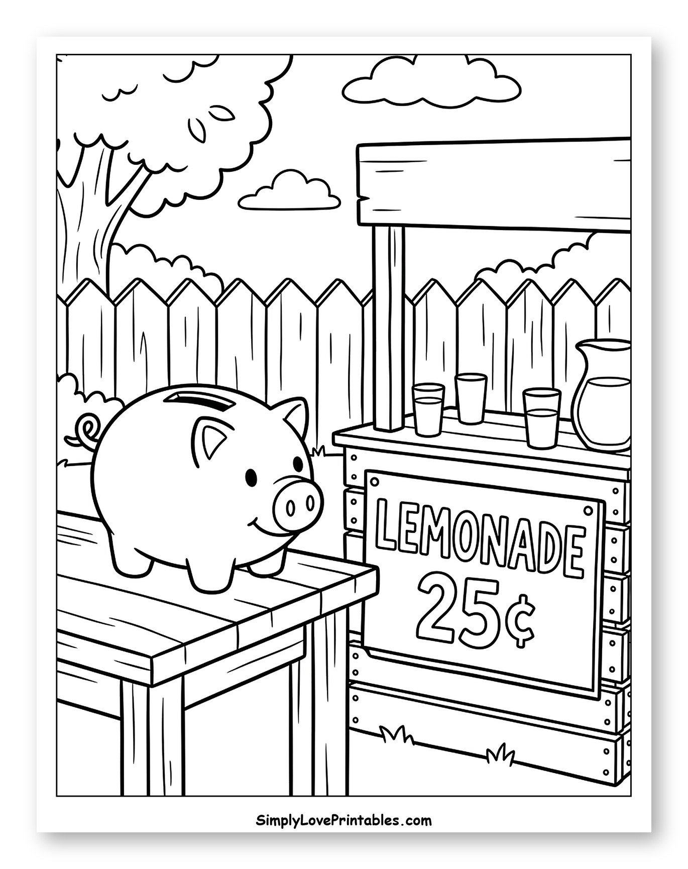 Piggy Bank at a Lemonade Stand Coloring Sheet for Kids