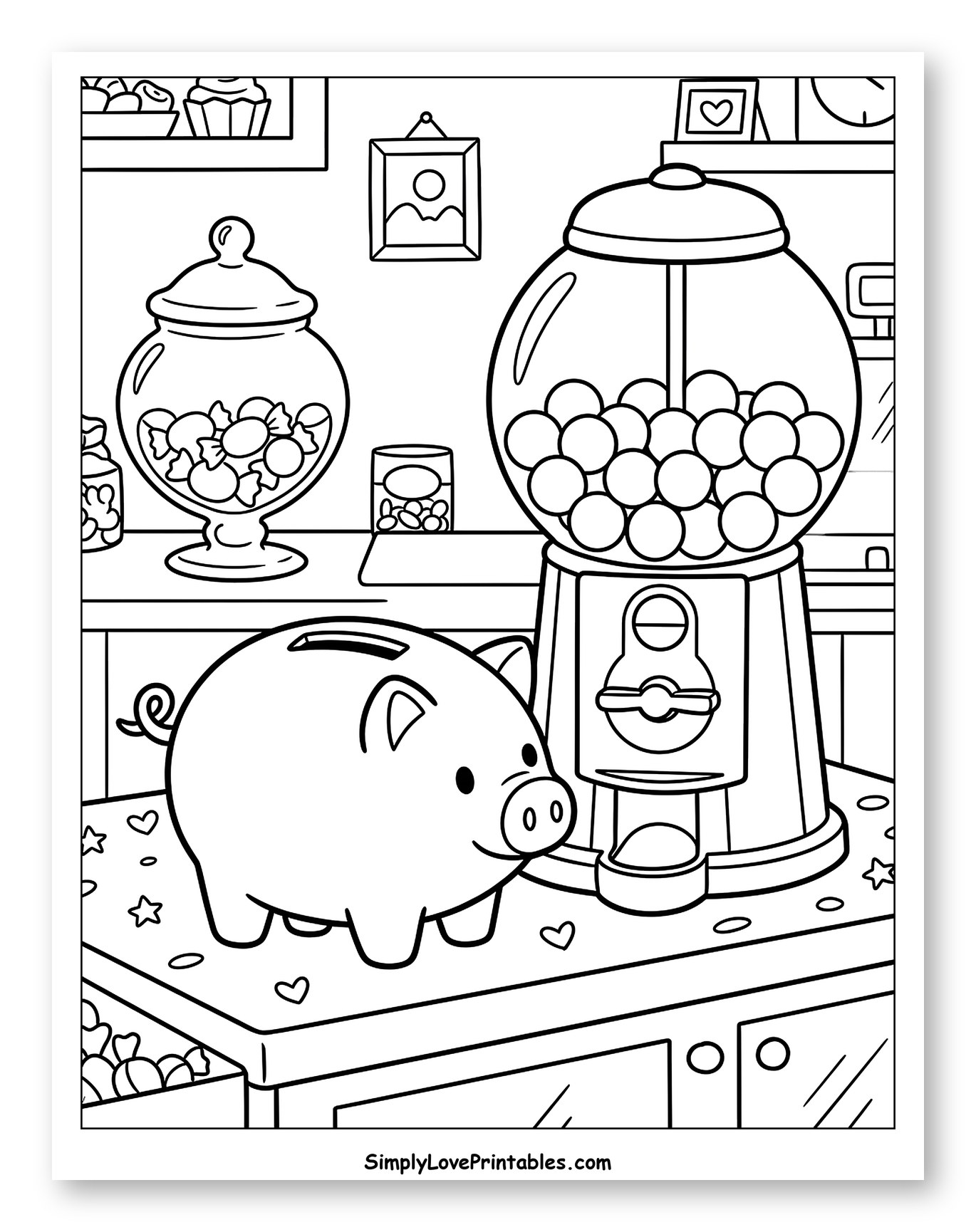 Piggy Bank, Gumball Machine, and Candy Jar to Color for Kids
