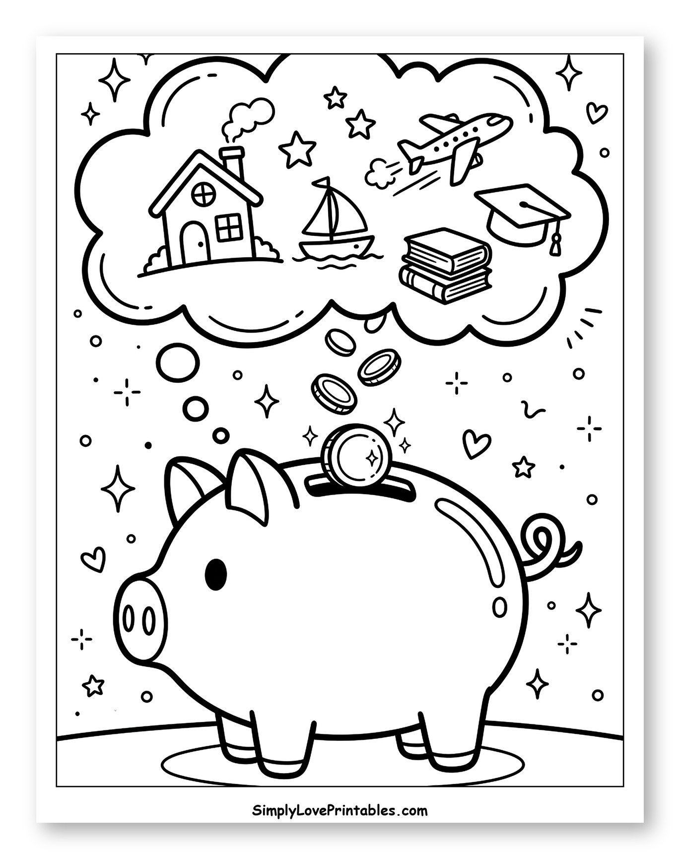 Piggy Bank Saving for Life's Dreams Coloring Sheet for Adults