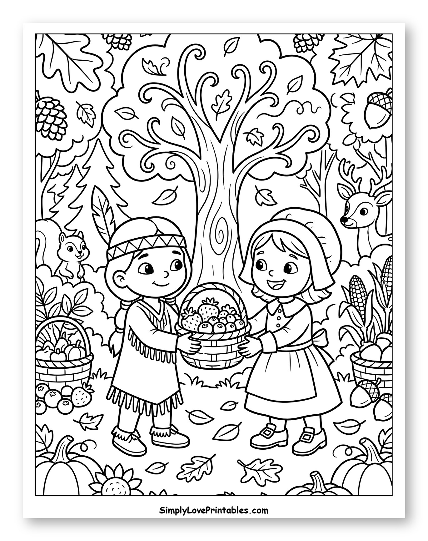 Pilgrim and Native American Children Sharing Harvest