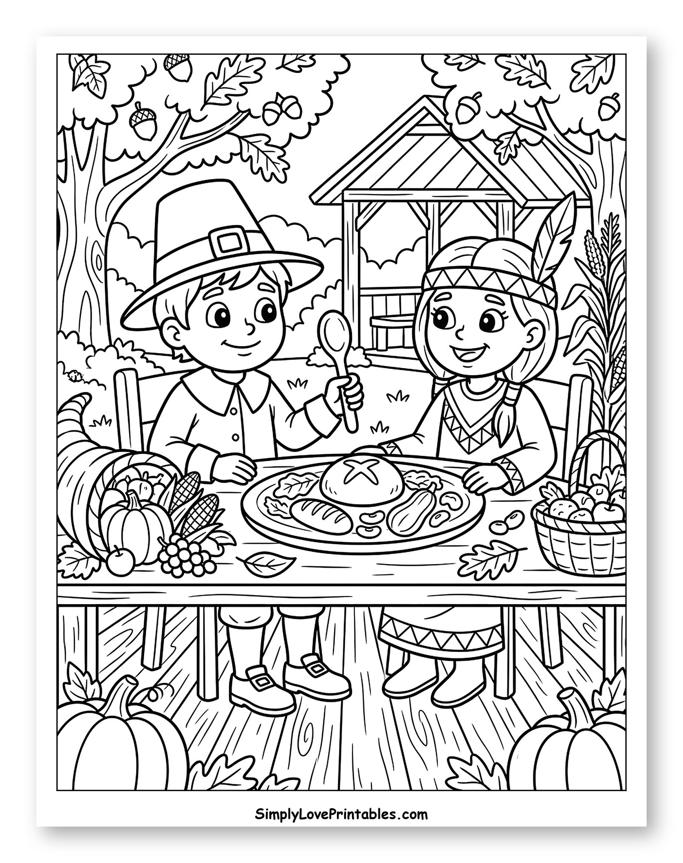 Pilgrim and Native American Children Sharing Thanksgiving Meal