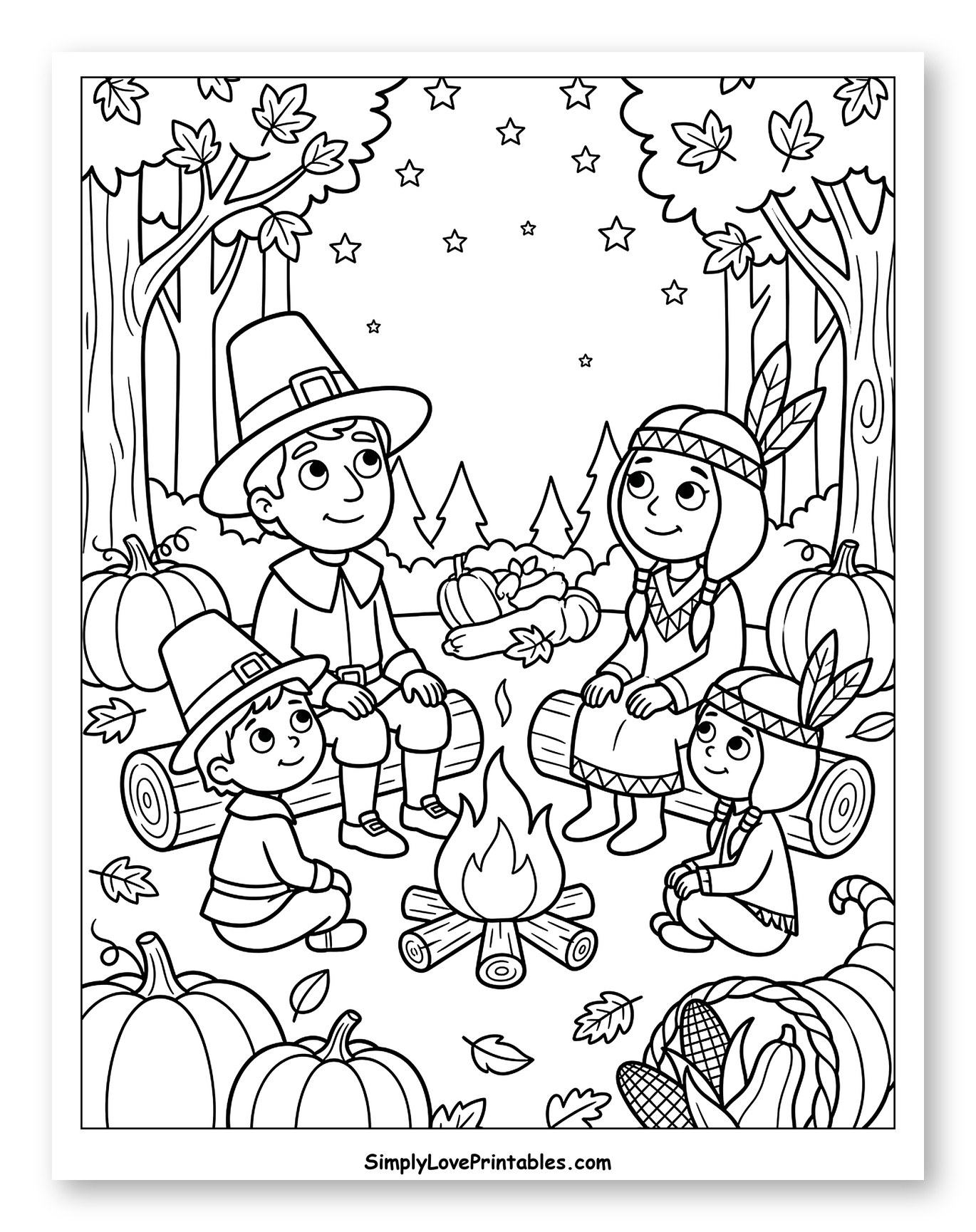 Pilgrim and Native American Families Around Campfire Coloring Sheet for Kids