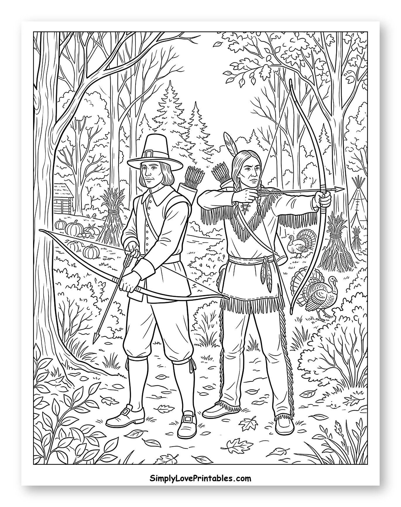 Pilgrim and Native American Hunting in Forest