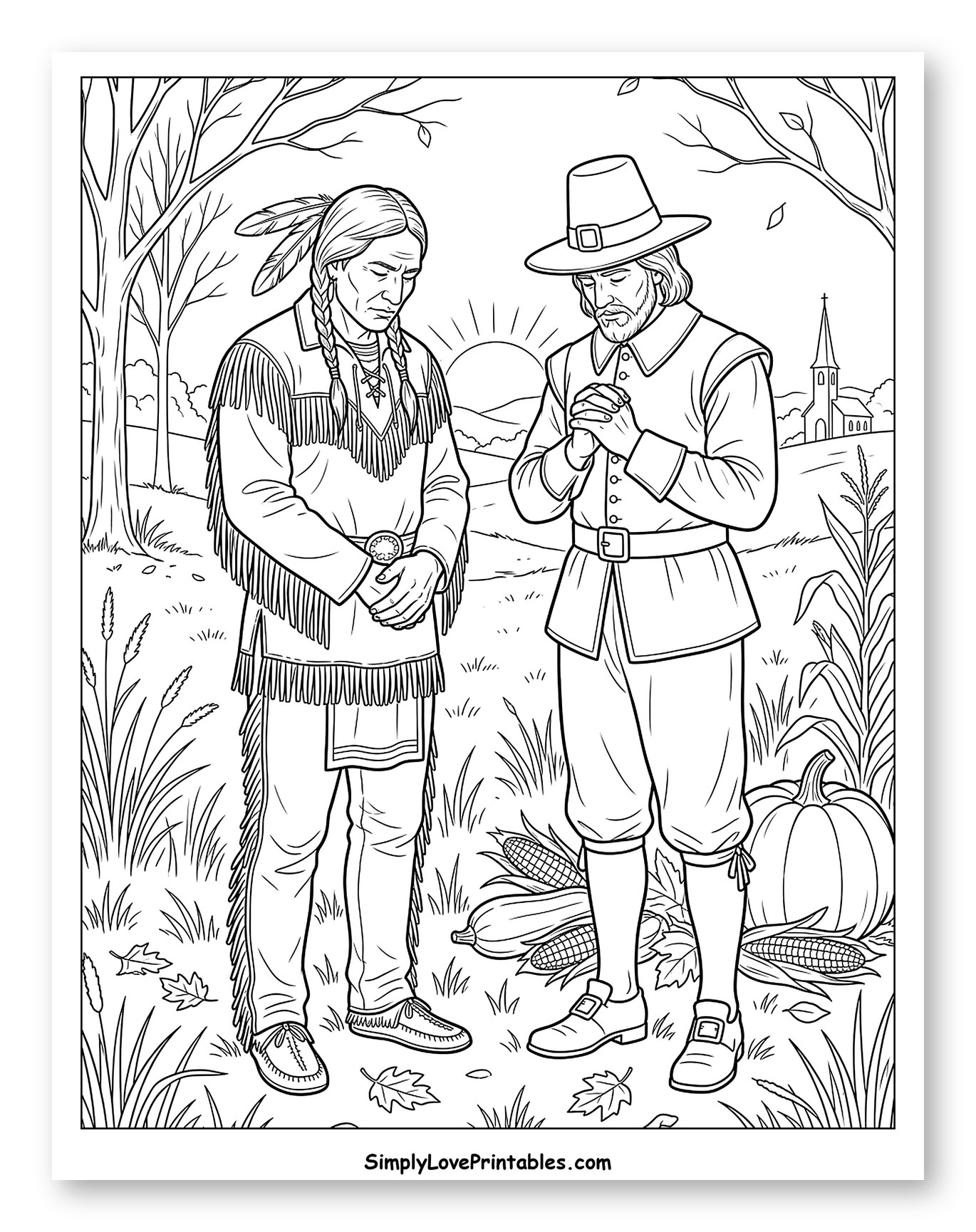 Pilgrim and Native American Men Praying Together