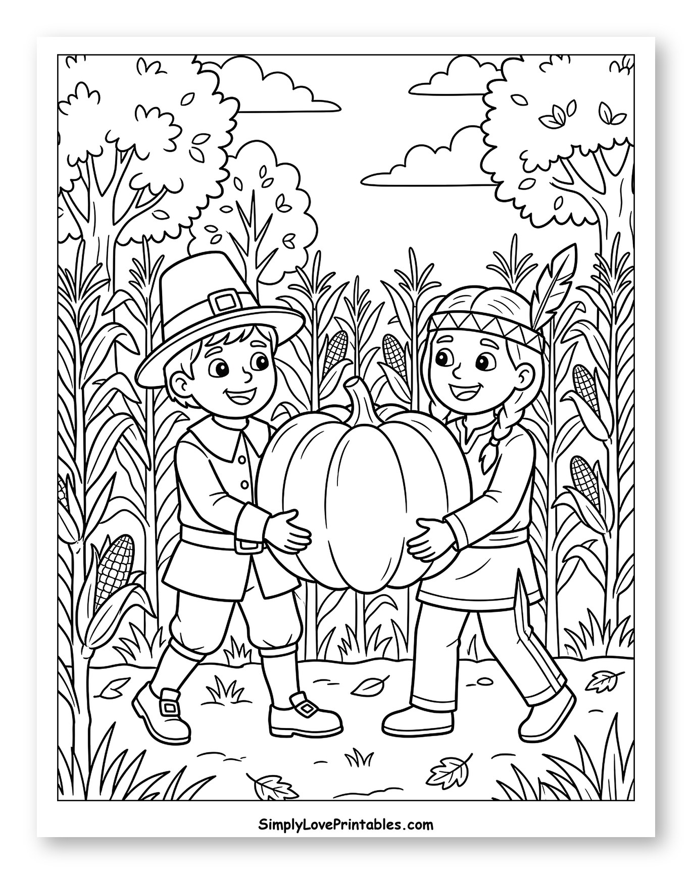 Pilgrim Boy and Native American Girl Carrying Pumpkin