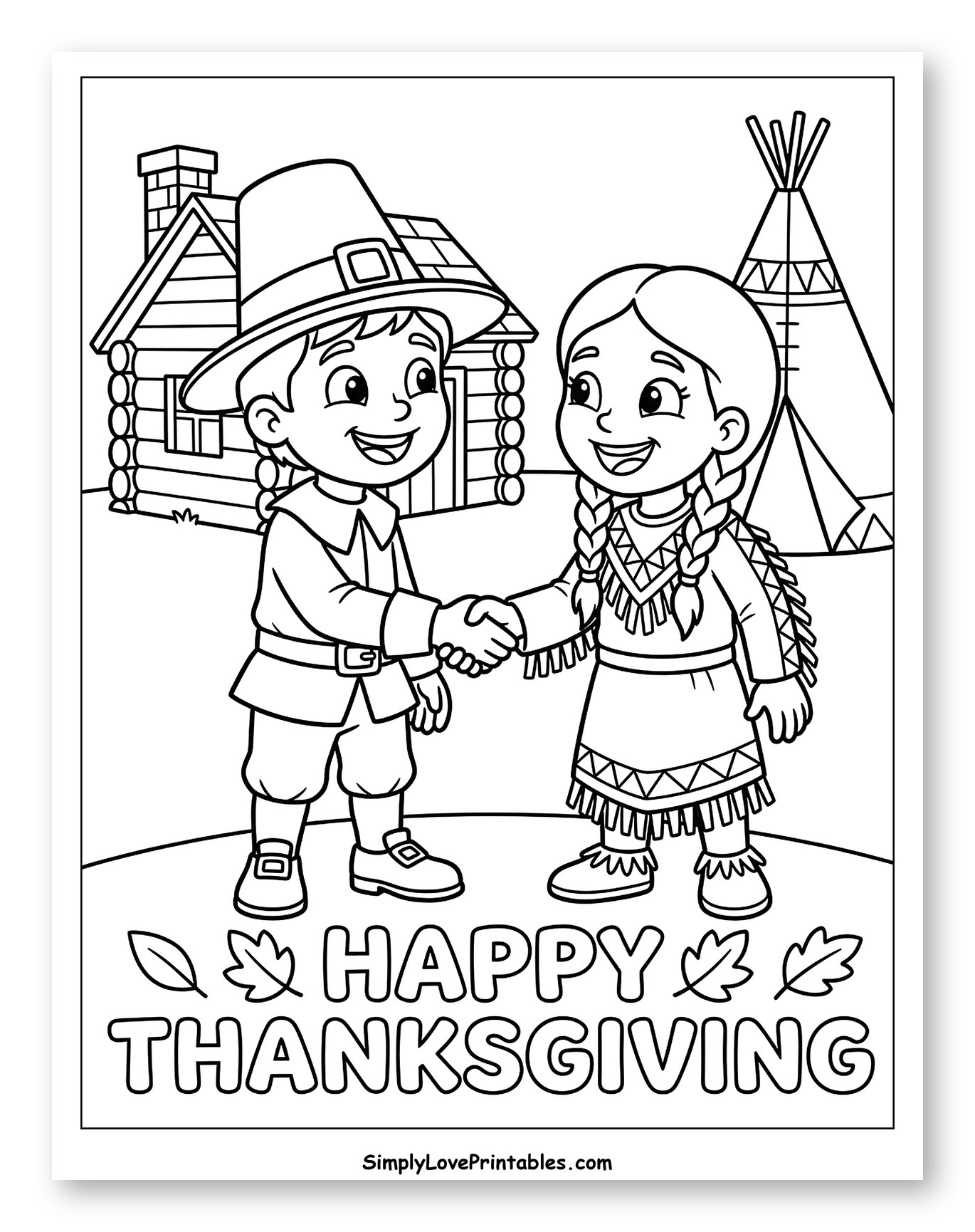 Pilgrim Boy and Native American Girl Shaking Hands Coloring Sheet for Kids