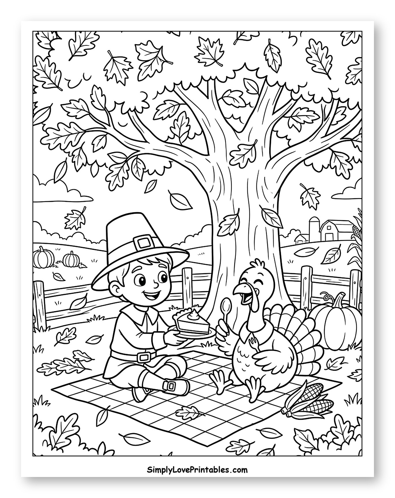 Pilgrim Boy and Turkey Picnic Under Autumn Tree Coloring Sheet for Kids