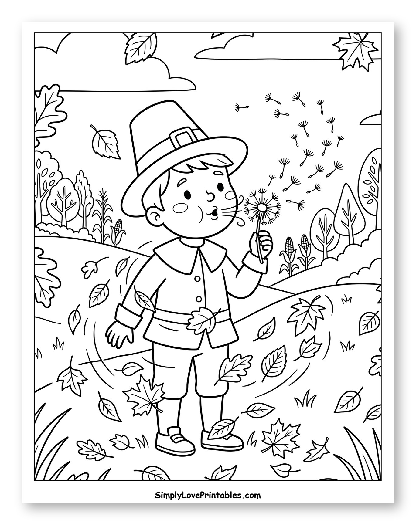 Pilgrim Boy Blowing Dandelion in Autumn Scene Coloring Sheet for Kids