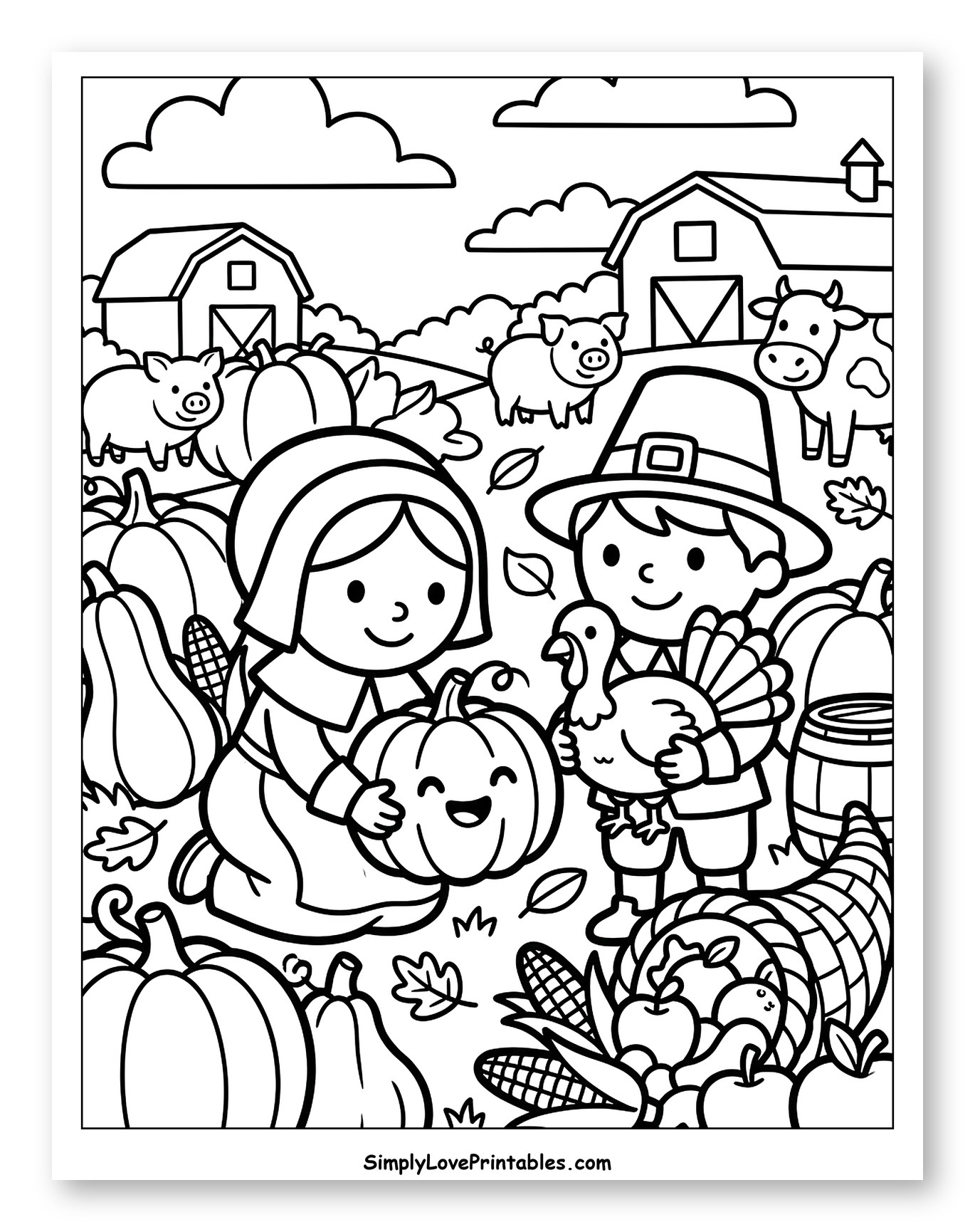 Pilgrim Children and Farm Animals at Thanksgiving Harvest Coloring Page for Toddlers