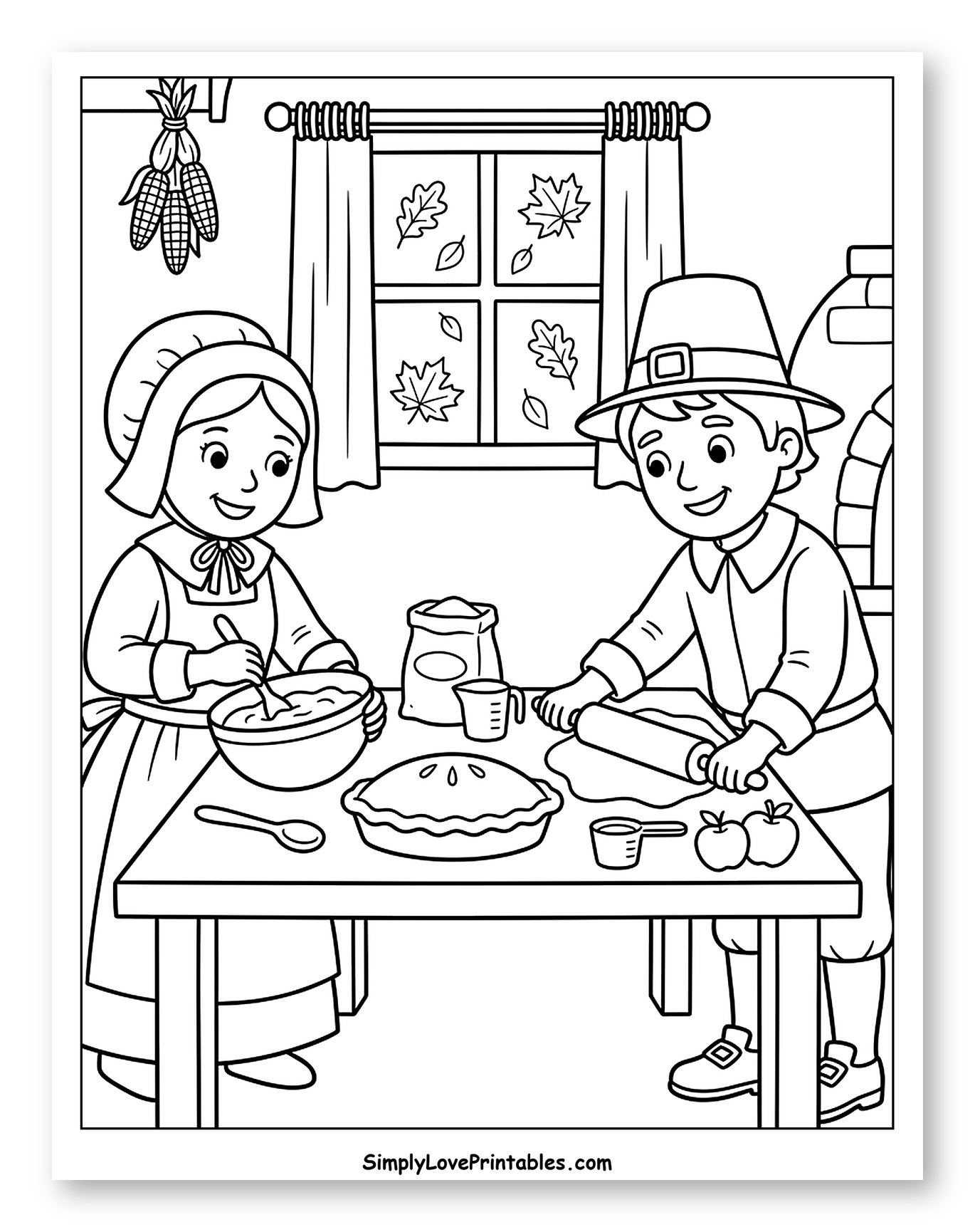 Pilgrim Children Baking a Pie to Color for Kids