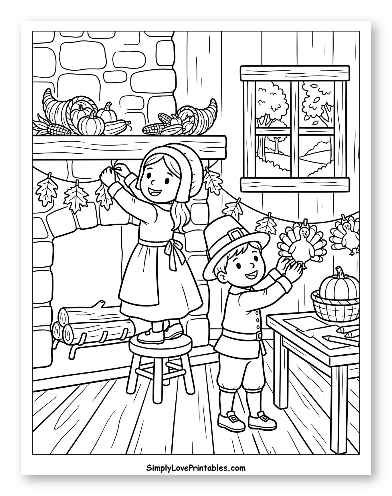 Pilgrim Children Decorating for Thanksgiving