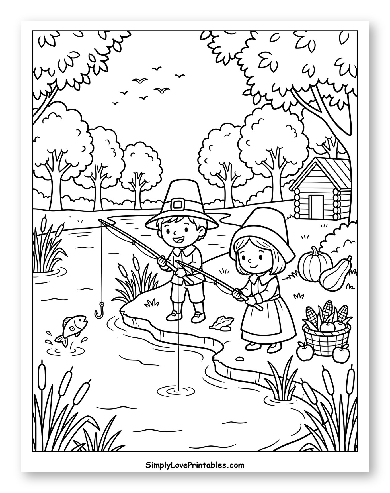 Pilgrim Children Fishing by a River Coloring Sheet for Kids
