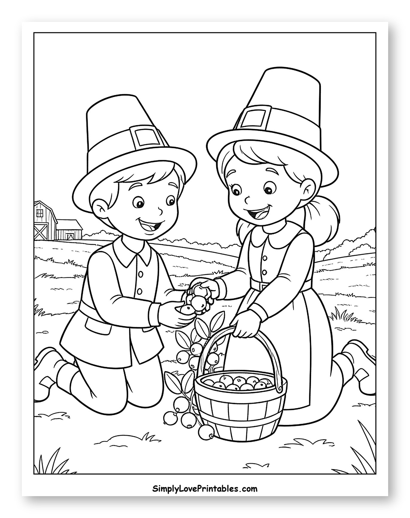 Pilgrim Children Picking Cranberries in a Field