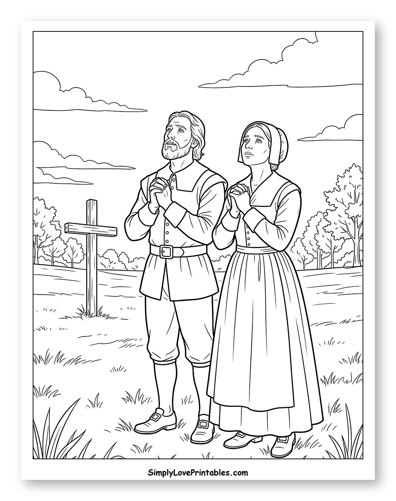 Pilgrim Couple Praying by a Wooden Cross Coloring Sheet