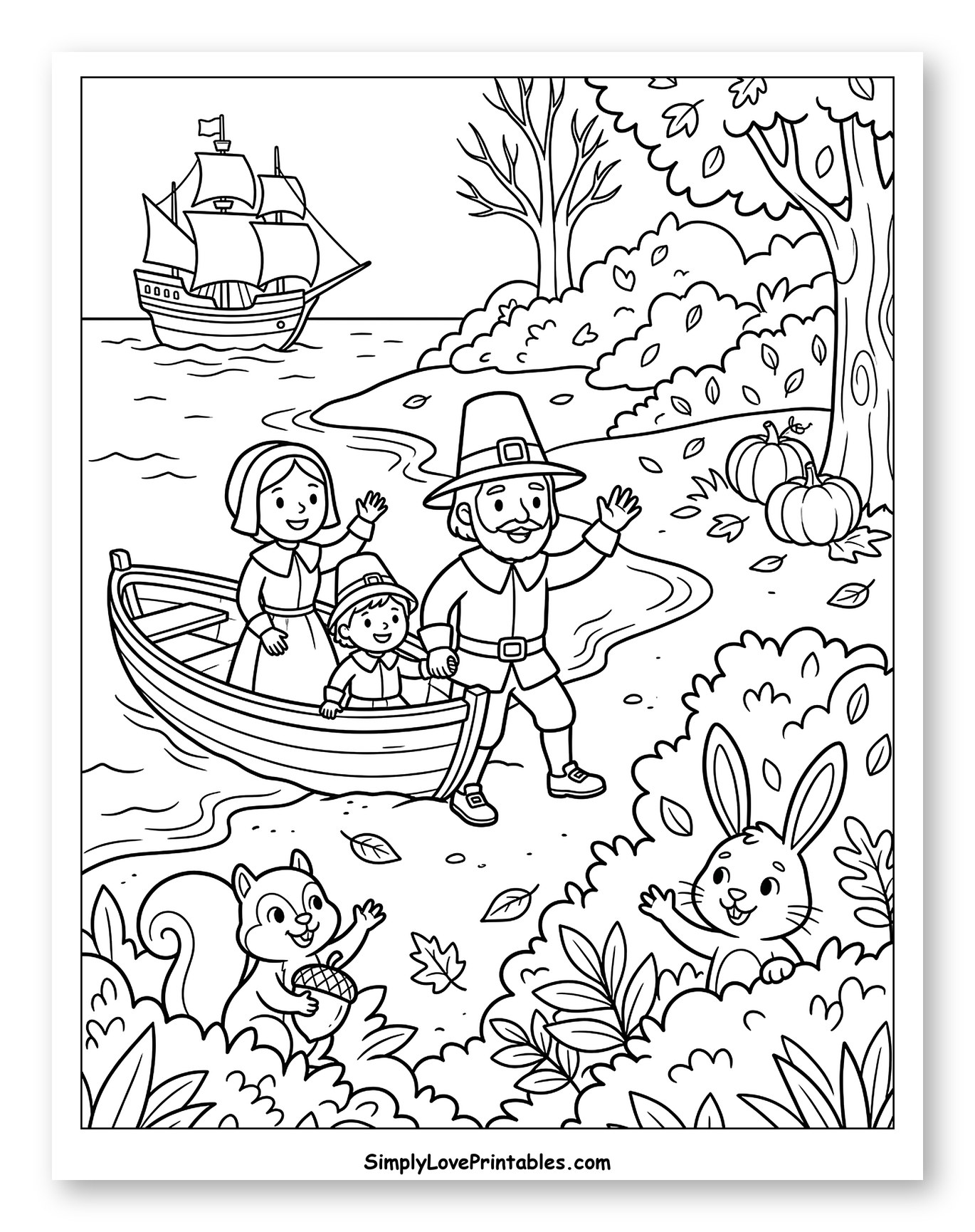 Pilgrim Family Arriving by Boat in Autumn Coloring Sheet for Kids
